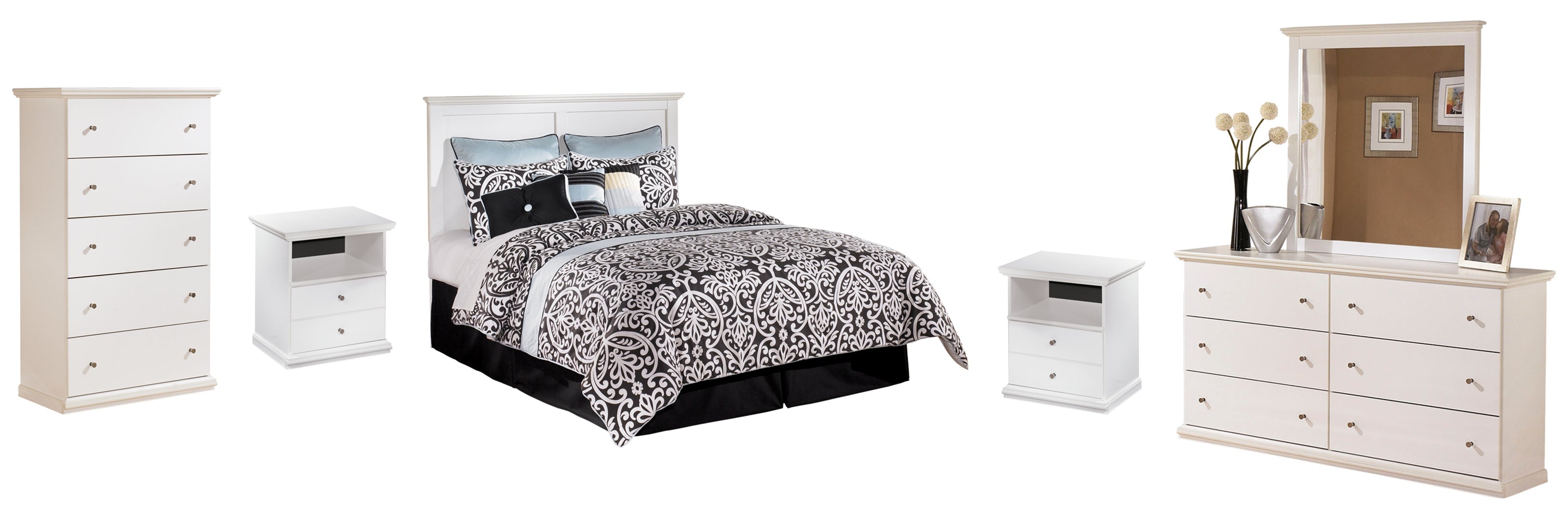 Bostwick Shoals Queen/Full Panel Headboard Bed with Mirrored Dresser, Chest and 2 Nightstands