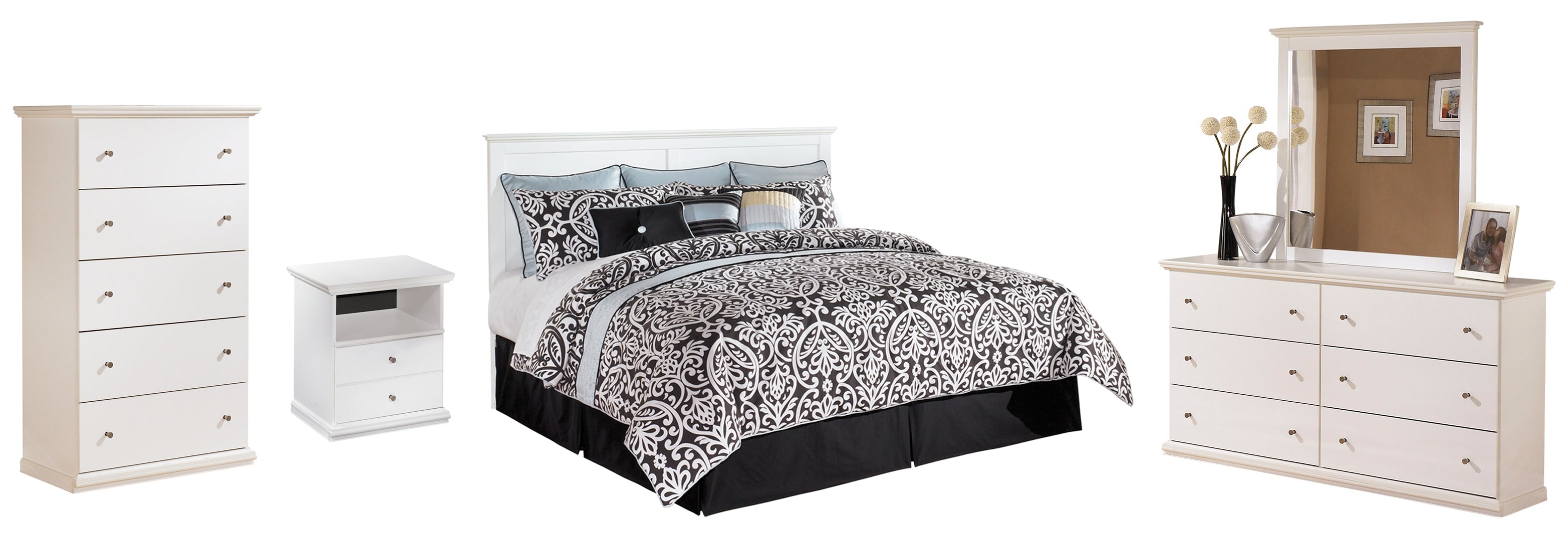 Bostwick Shoals King/California King Panel Headboard Bed with Mirrored Dresser, Chest and Nightstand