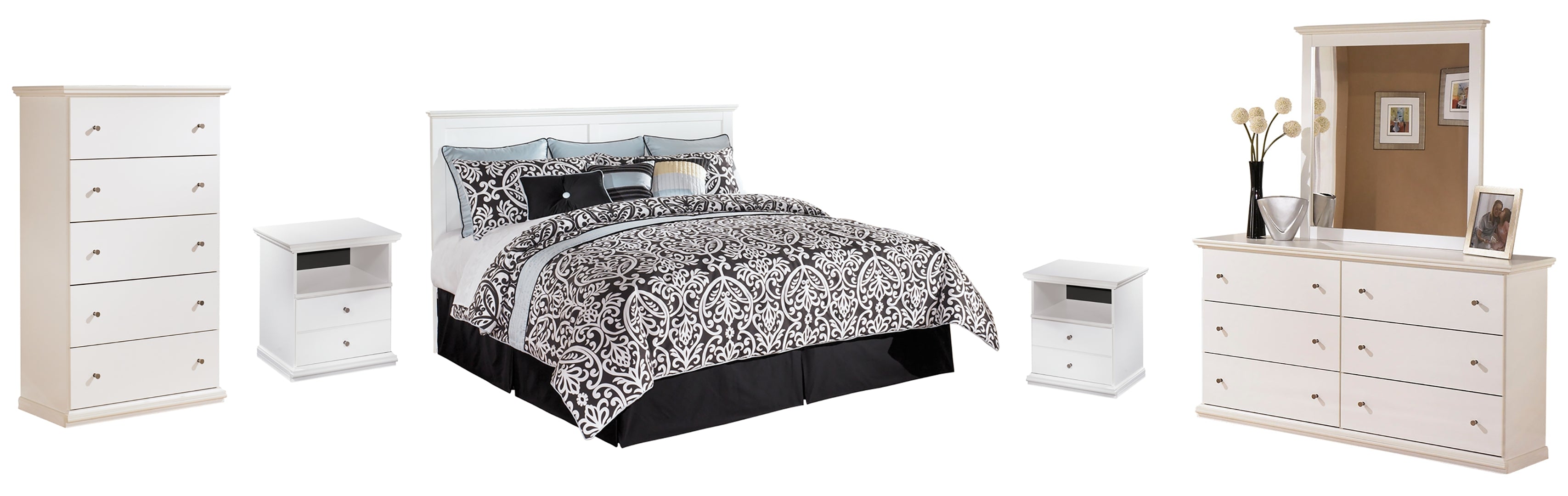 Bostwick Shoals King/California King Panel Headboard Bed with Mirrored Dresser, Chest and 2 Nightstands