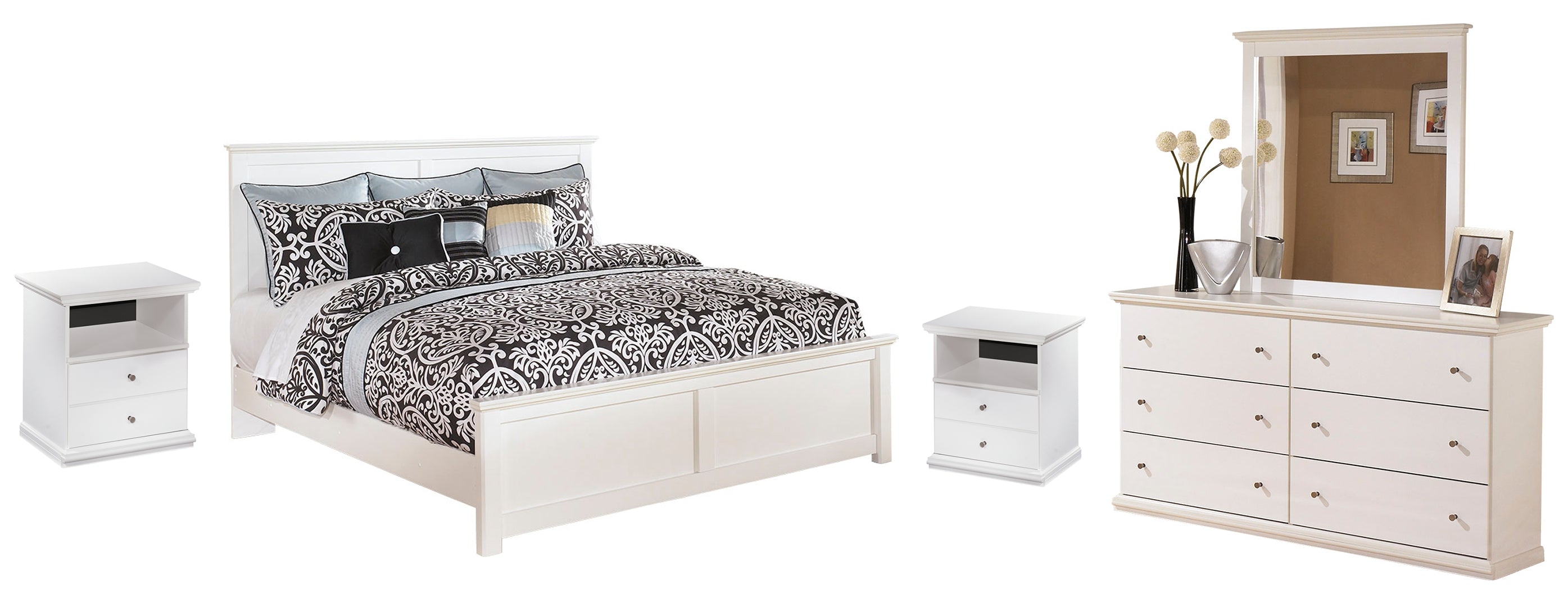 Bostwick Shoals King Panel Bed with Mirrored Dresser and 2 Nightstands