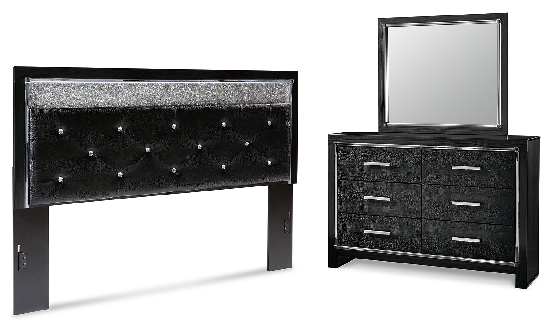 Kaydell King Upholstered Panel Headboard with Mirrored Dresser