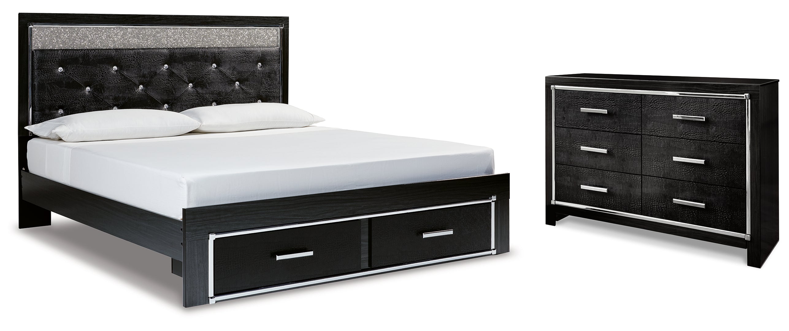 Kaydell King Upholstered Panel Storage Platform Bed with Dresser