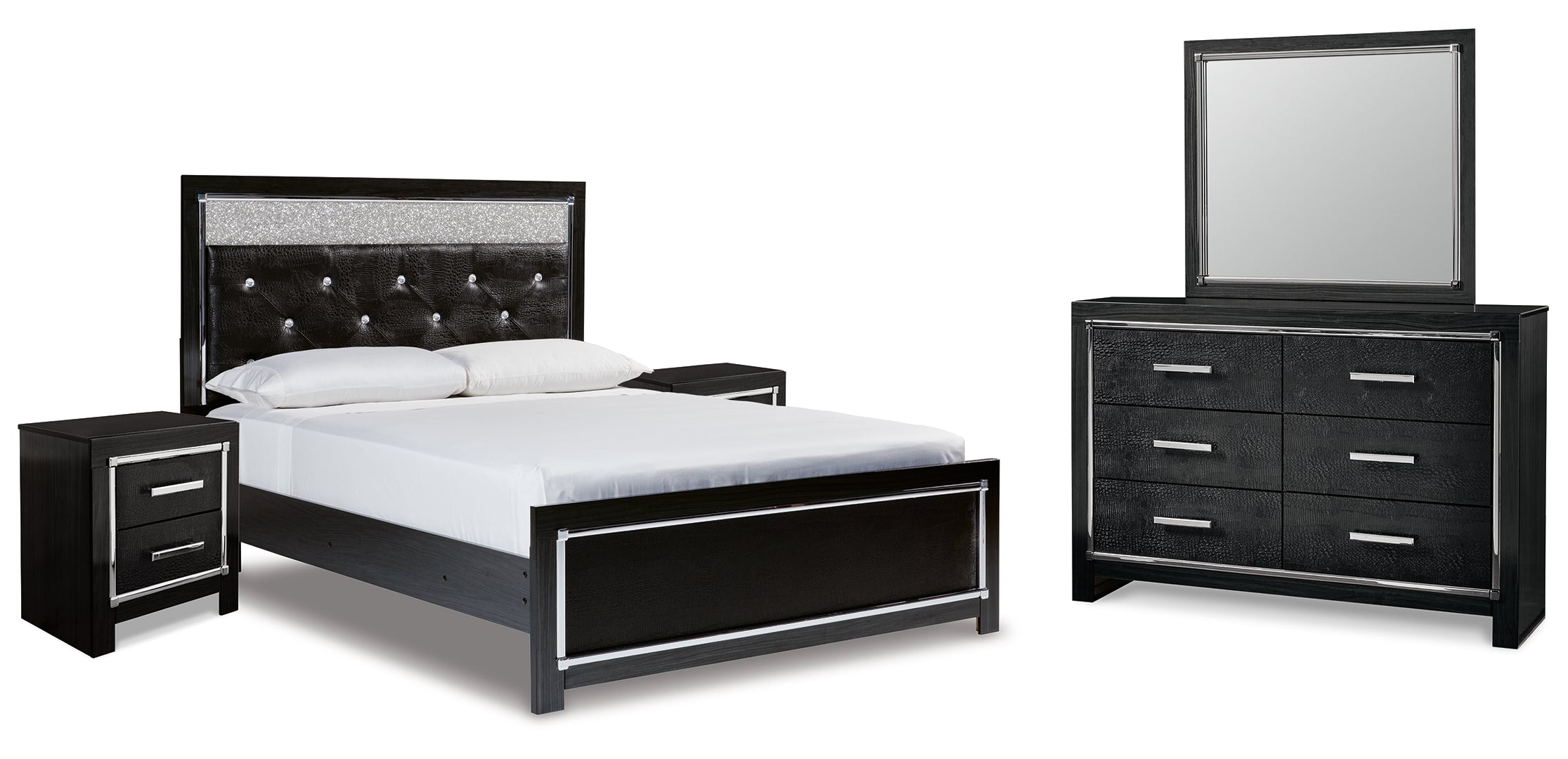 Kaydell Queen Upholstered Panel Bed with Mirrored Dresser and 2 Nightstands