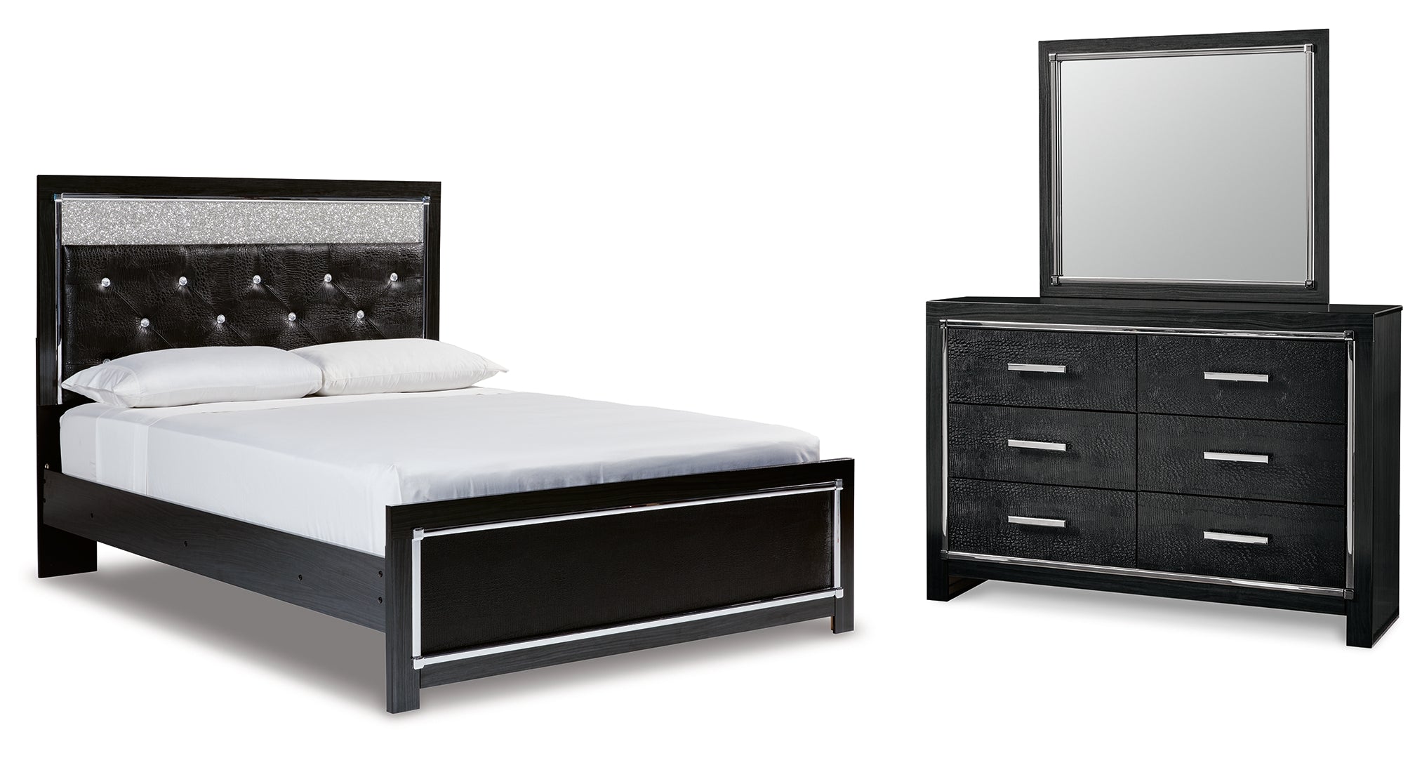 Kaydell Queen Upholstered Panel Bed with Mirrored Dresser