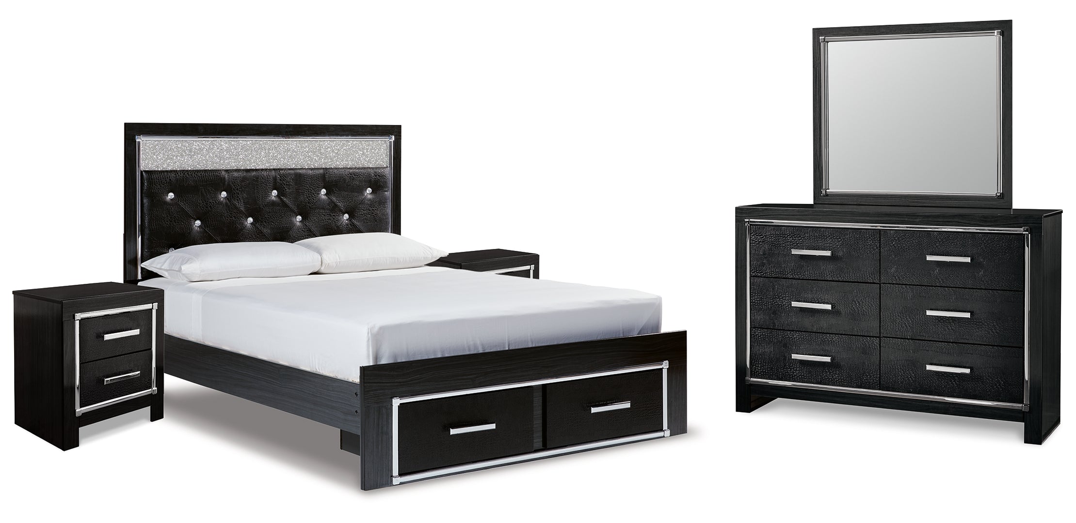 Kaydell Queen Upholstered Panel Storage Platform Bed with Mirrored Dresser and 2 Nightstands