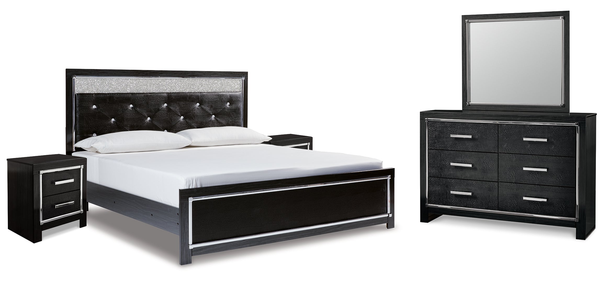 Kaydell King Upholstered Panel Platform Bed with Mirrored Dresser and 2 Nightstands