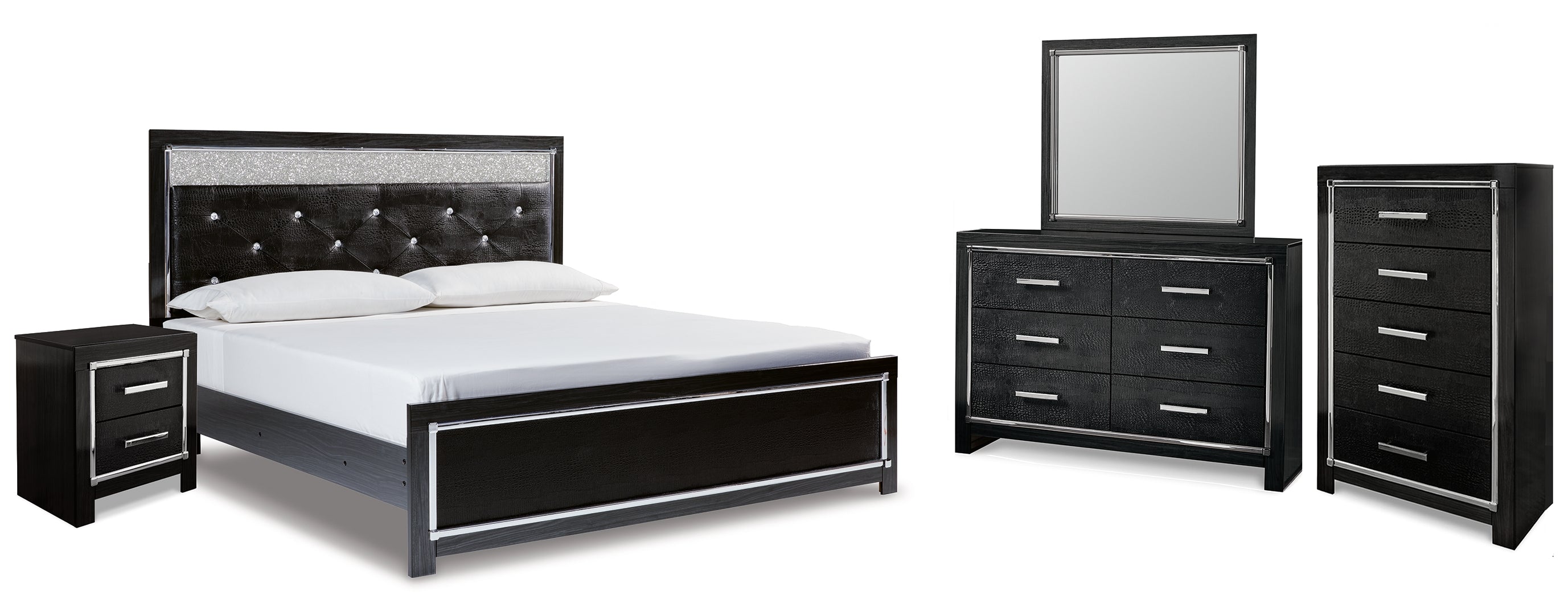 Kaydell King Upholstered Panel Platform Bed with Mirrored Dresser, Chest and Nightstand