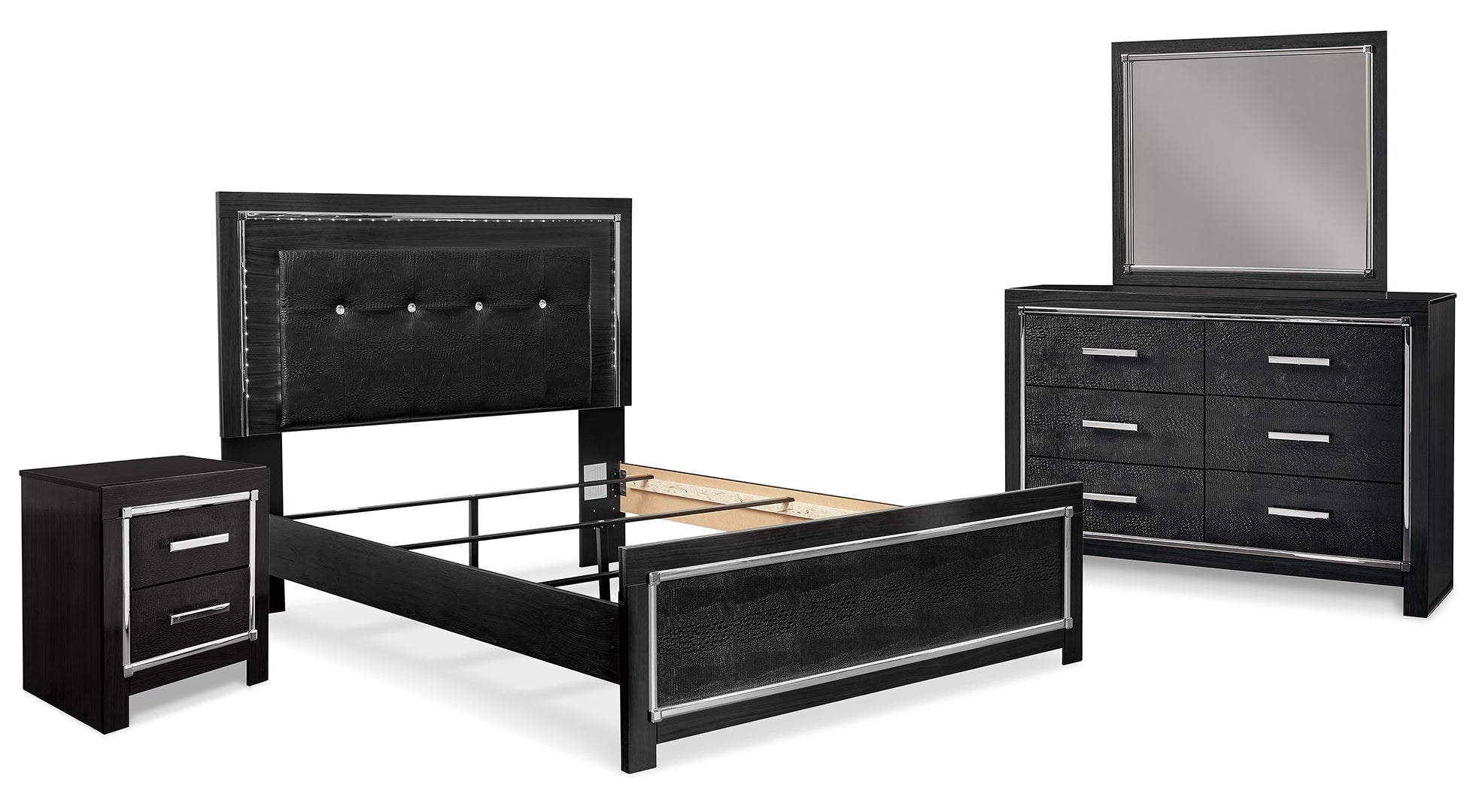 Kaydell Queen Upholstered Panel Bed with Mirrored Dresser and Nightstand