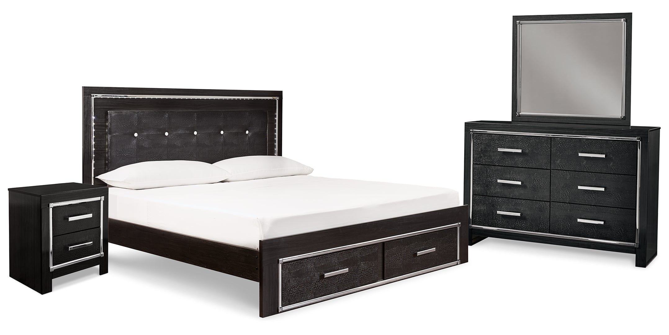 Kaydell King Upholstered Panel Bed with Mirrored Dresser and Nightstand