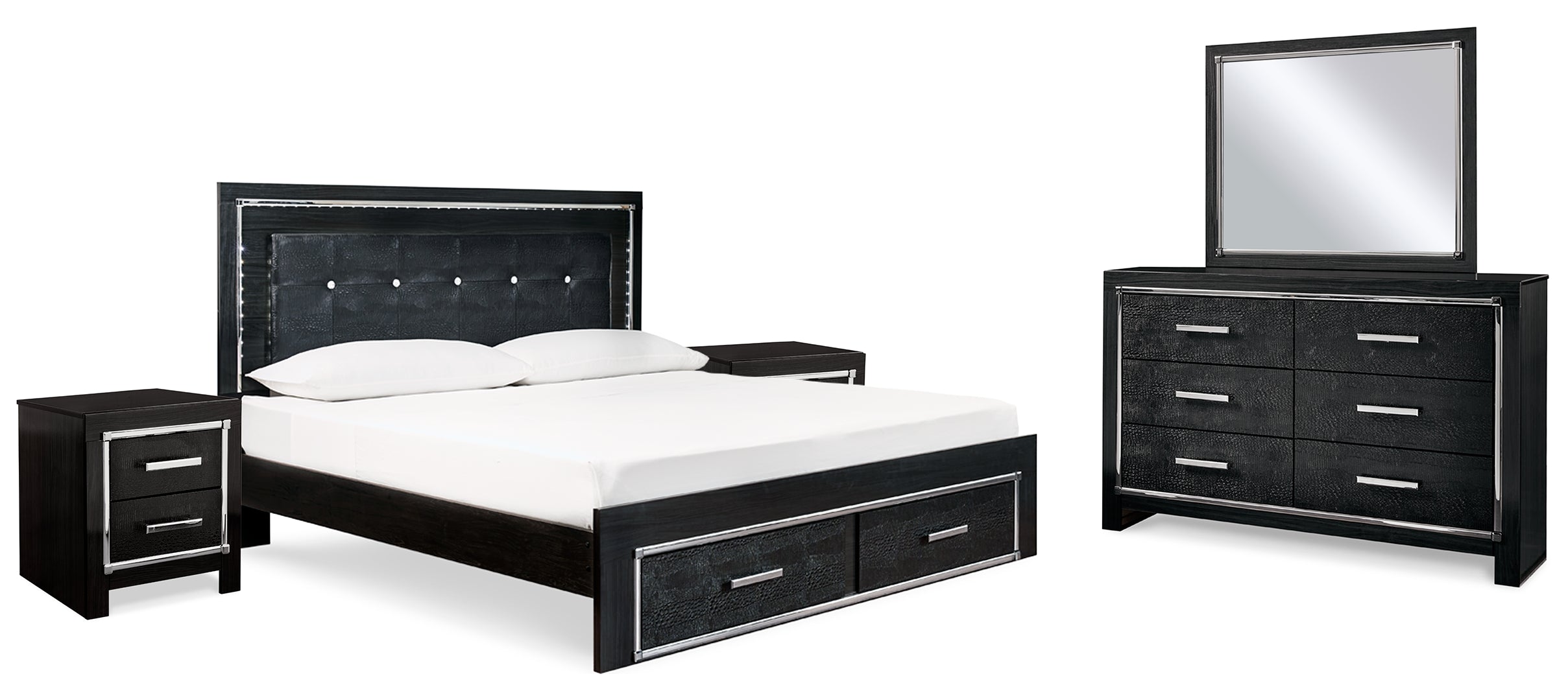 Kaydell King Panel Bed with Storage with Mirrored Dresser and 2 Nightstands