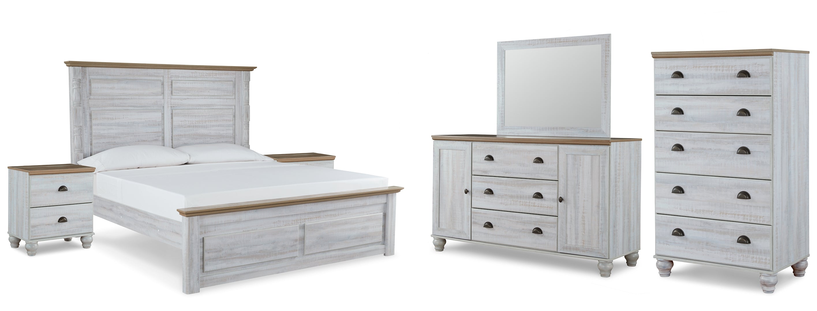 Haven Bay King Panel Bed with Mirrored Dresser, Chest and 2 Nightstands