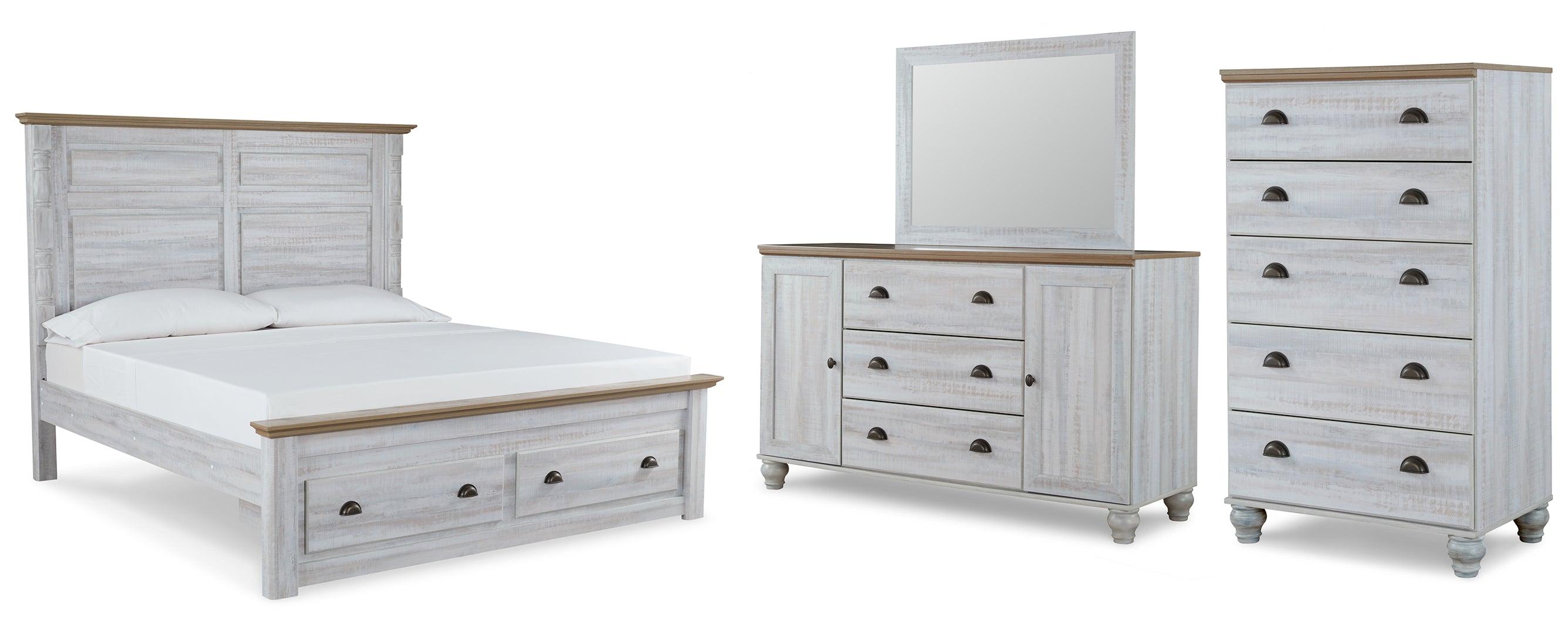 Haven Bay King Panel Storage Bed with Mirrored Dresser and Chest