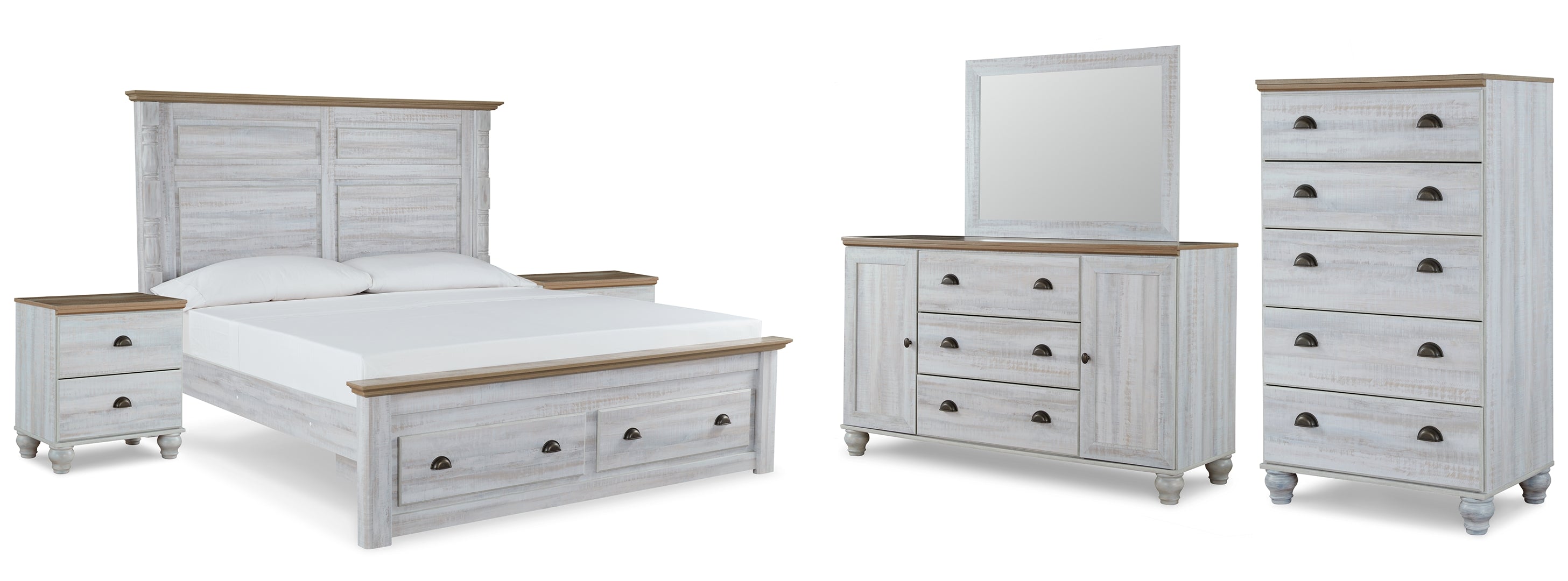 Haven Bay King Panel Storage Bed with Mirrored Dresser, Chest and 2 Nightstands