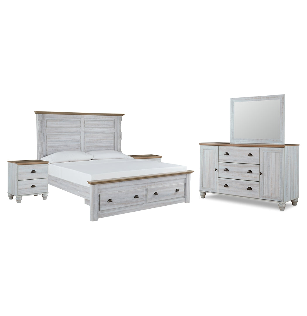 Haven Bay King Panel Storage Bed with Mirrored Dresser and 2 Nightstands