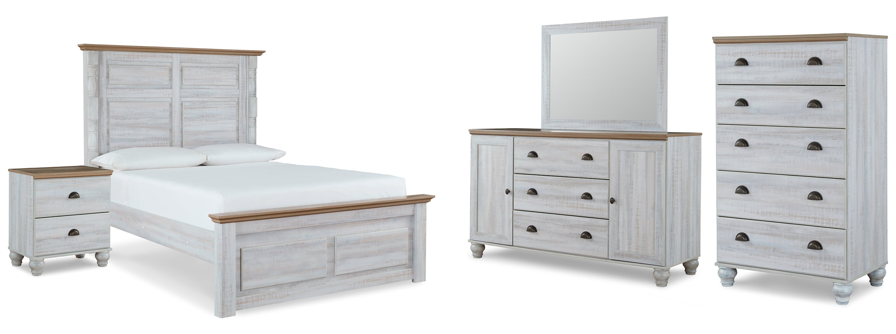 Haven Bay Queen Panel Bed with Mirrored Dresser, Chest and Nightstand