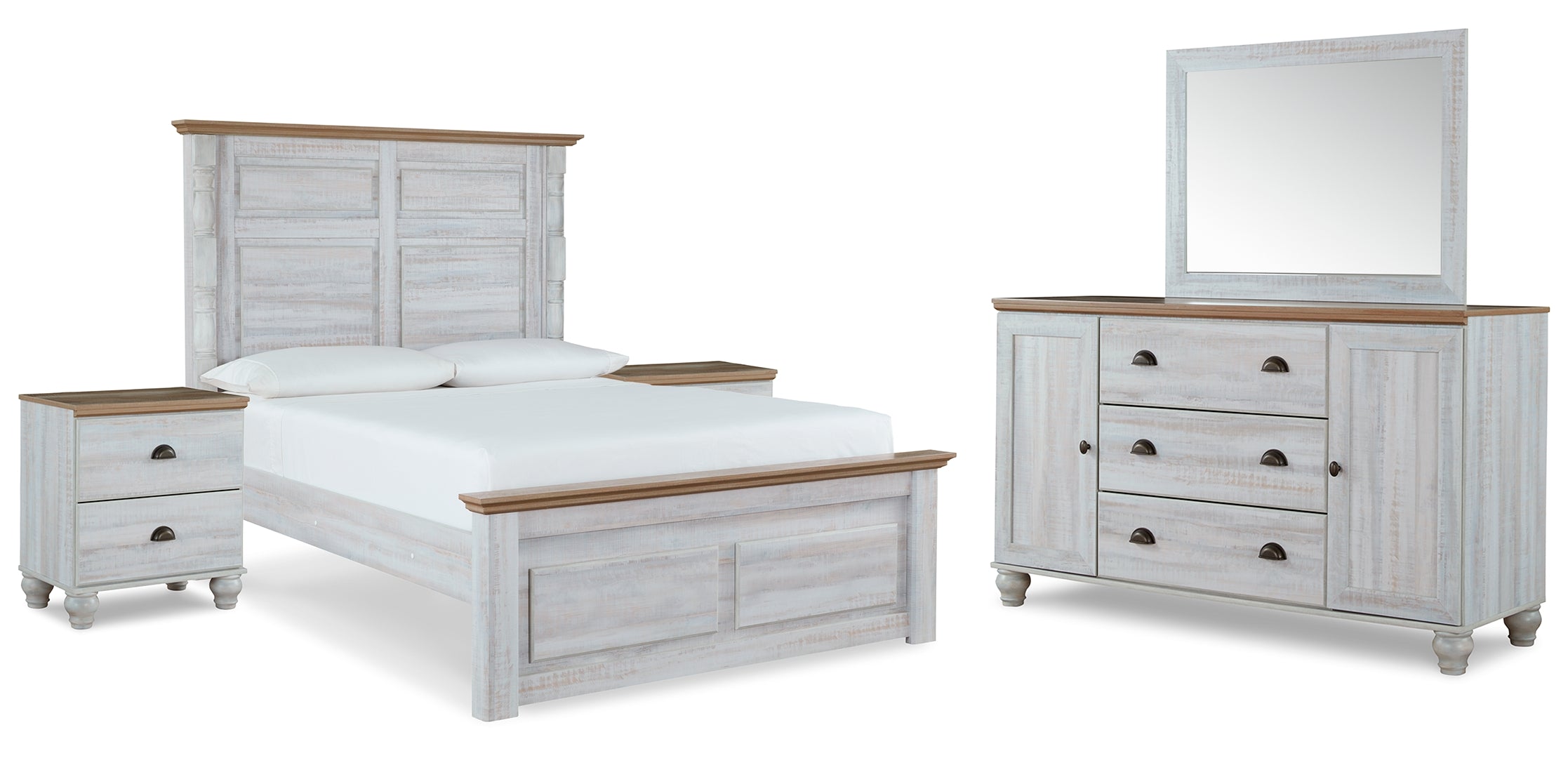 Haven Bay Queen Panel Bed with Mirrored Dresser and 2 Nightstands