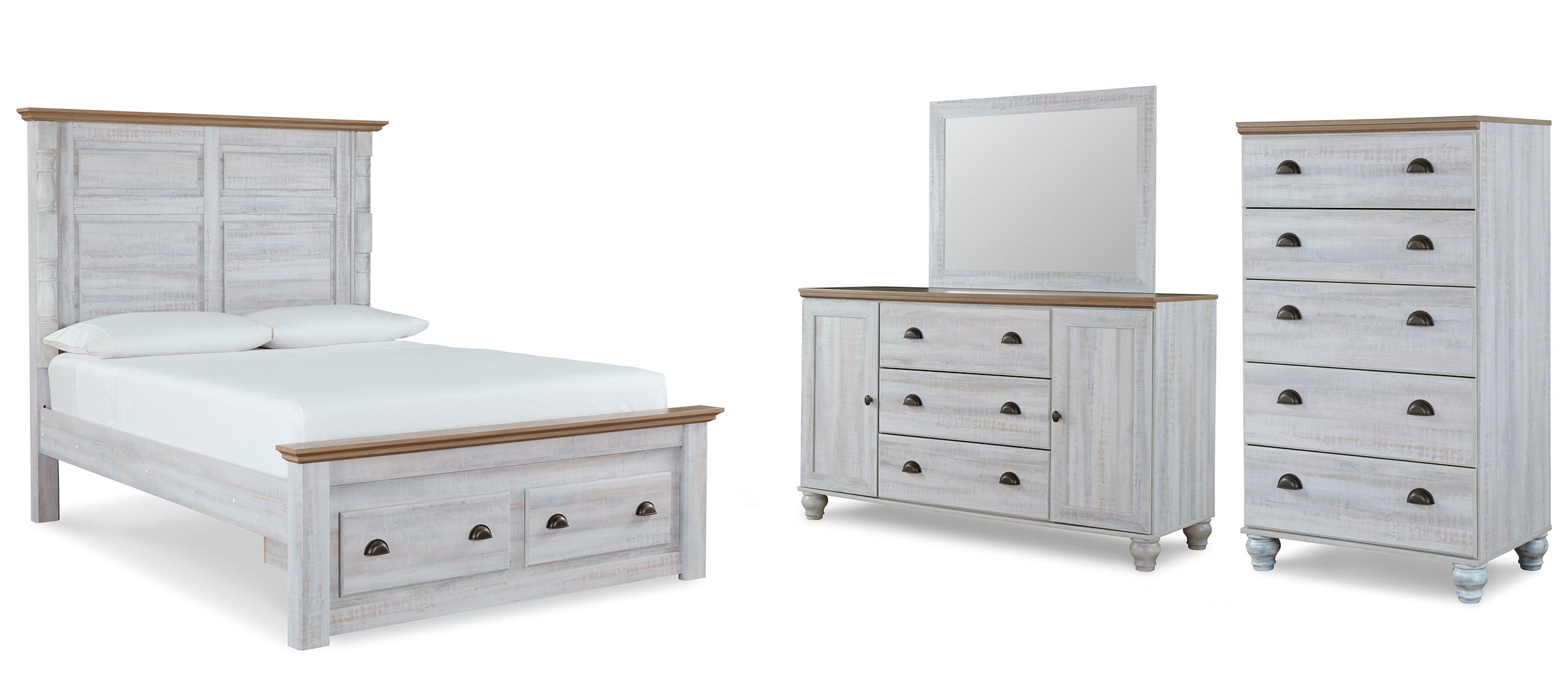 Haven Bay Queen Panel Storage Bed with Mirrored Dresser and Chest