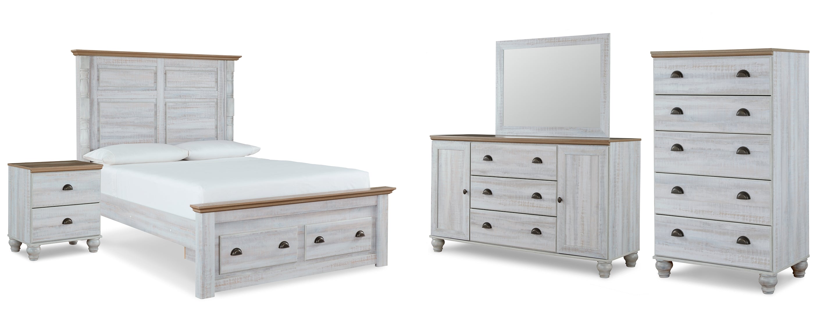 Haven Bay Queen Panel Storage Bed with Mirrored Dresser, Chest and Nightstand