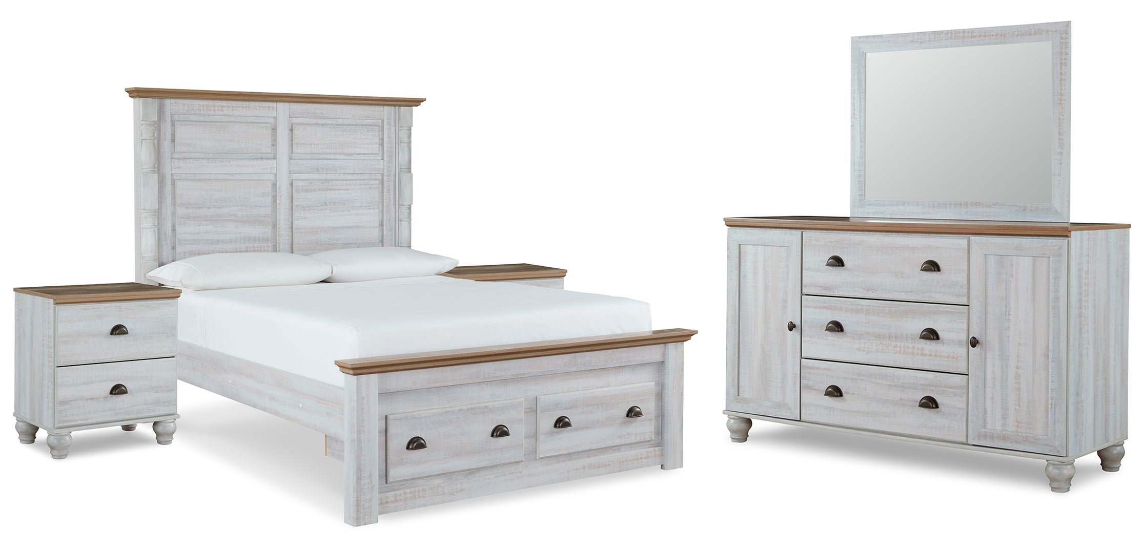 Haven Bay Queen Panel Storage Bed with Mirrored Dresser and 2 Nightstands