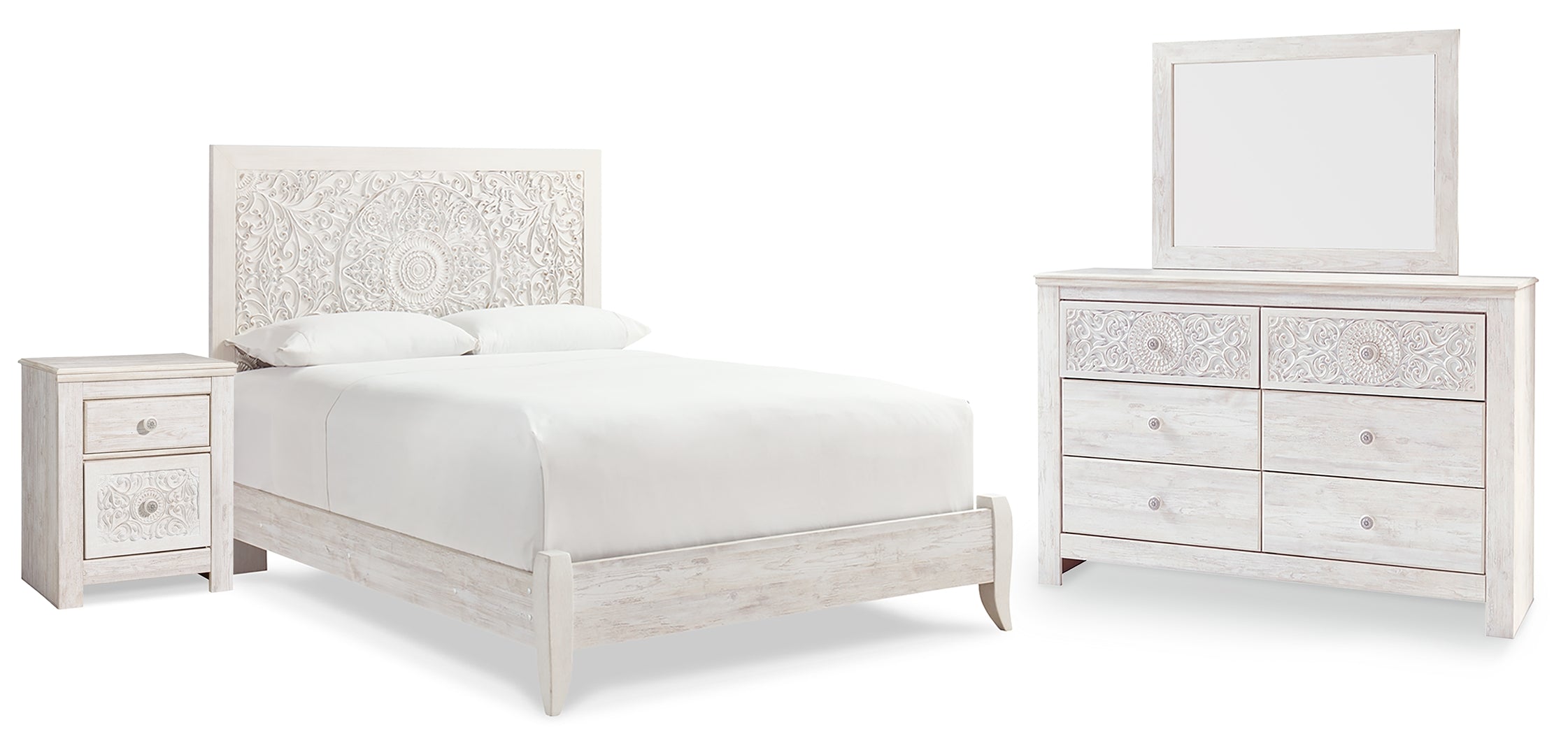 Paxberry Queen Panel Bed with Mirrored Dresser and Nightstand