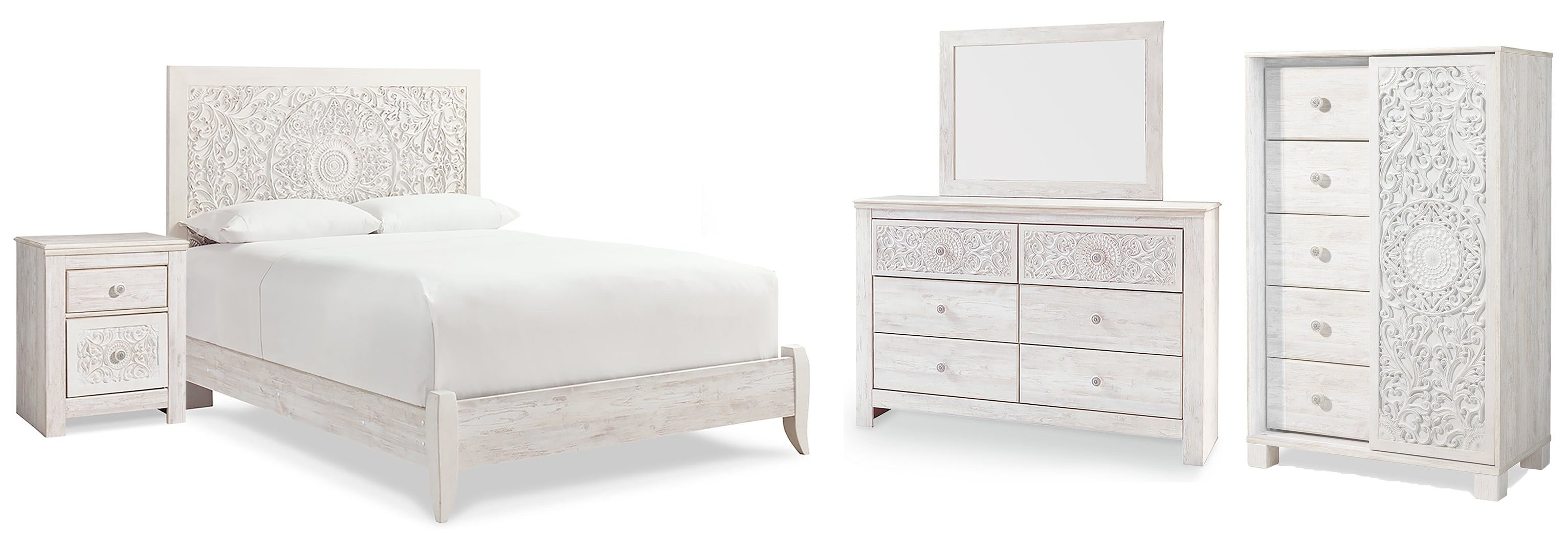 Paxberry Queen Panel Bed with Mirrored Dresser, Chest and Nightstand