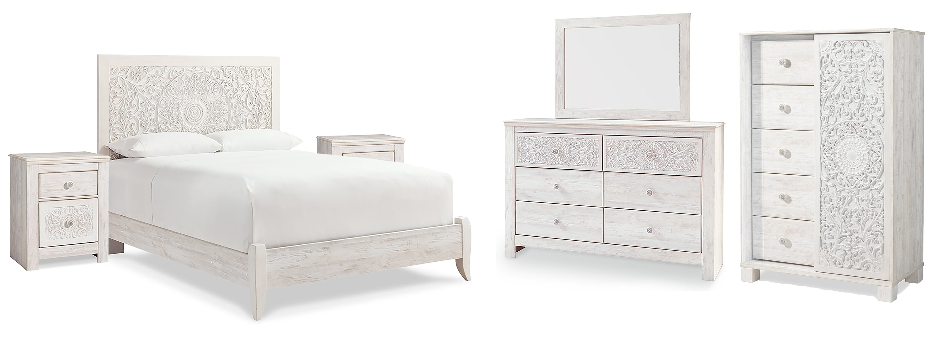 Paxberry Queen Panel Bed with Mirrored Dresser, Chest and 2 Nightstands