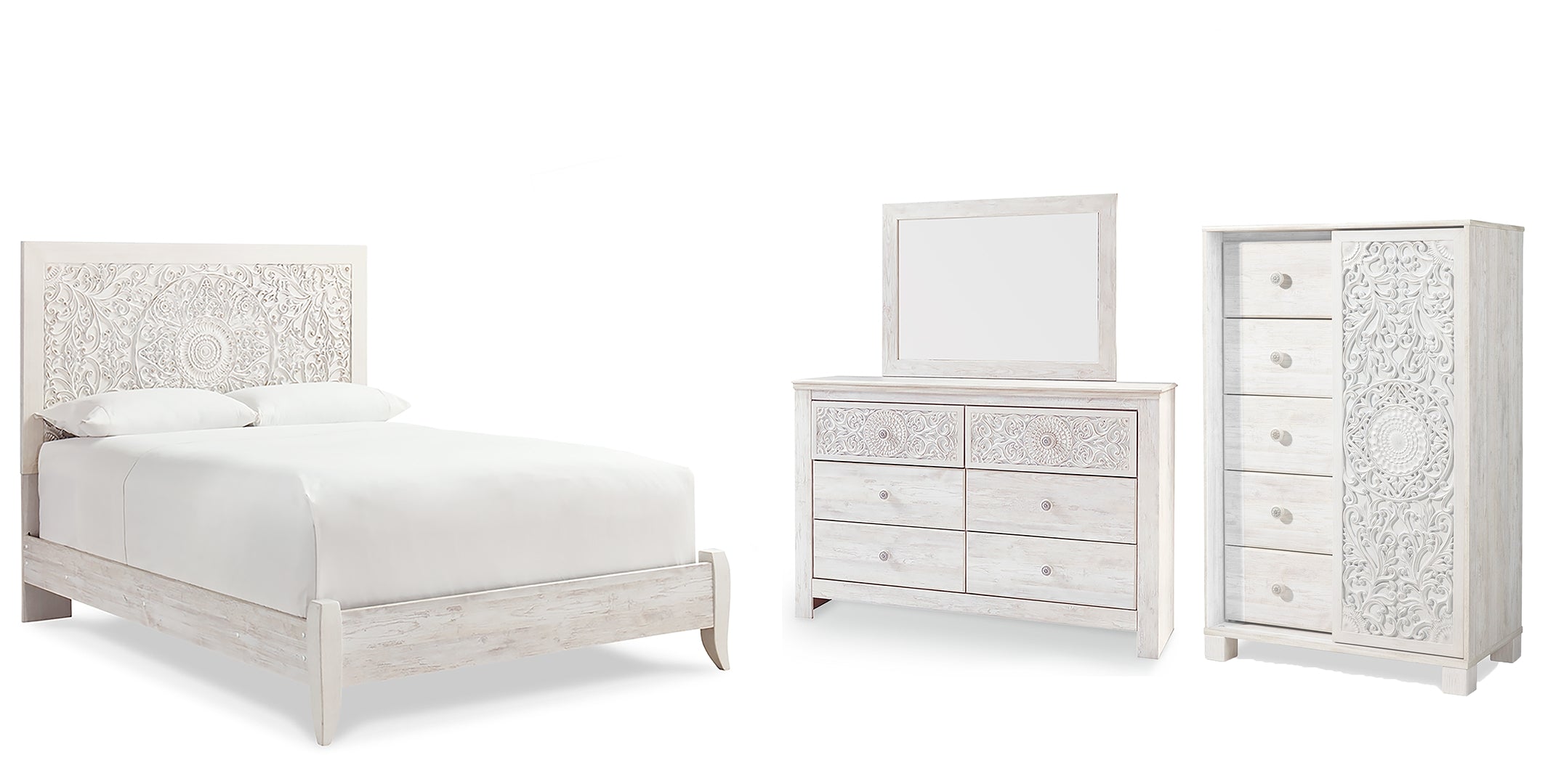 Paxberry Queen Panel Bed with Mirrored Dresser and Chest