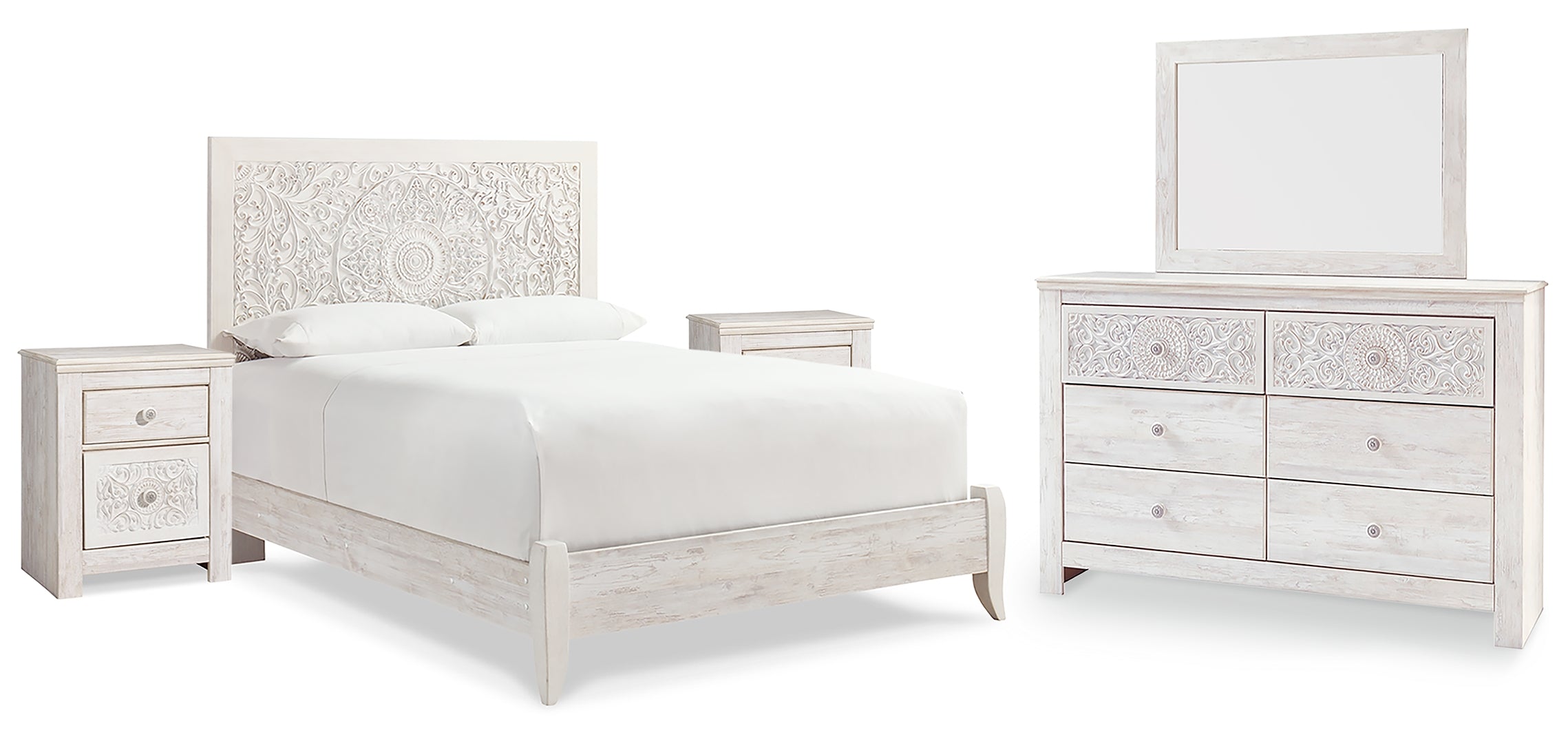 Paxberry Queen Panel Bed with Mirrored Dresser and 2 Nightstands