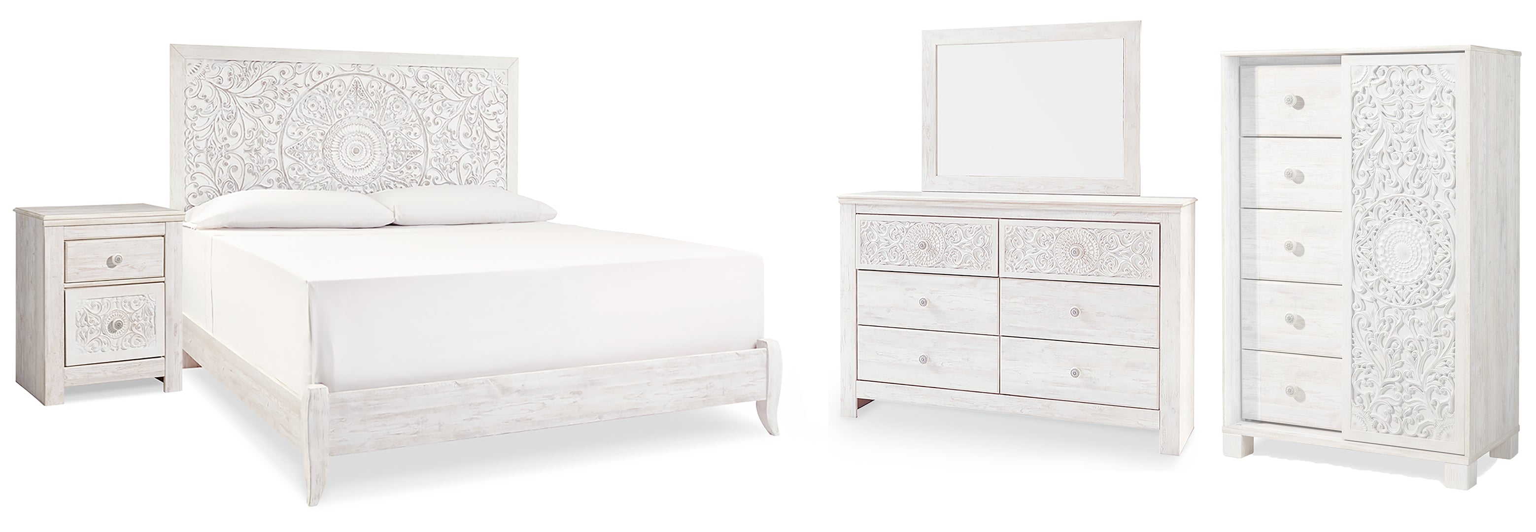 Paxberry King Panel Bed with Mirrored Dresser, Chest and Nightstand