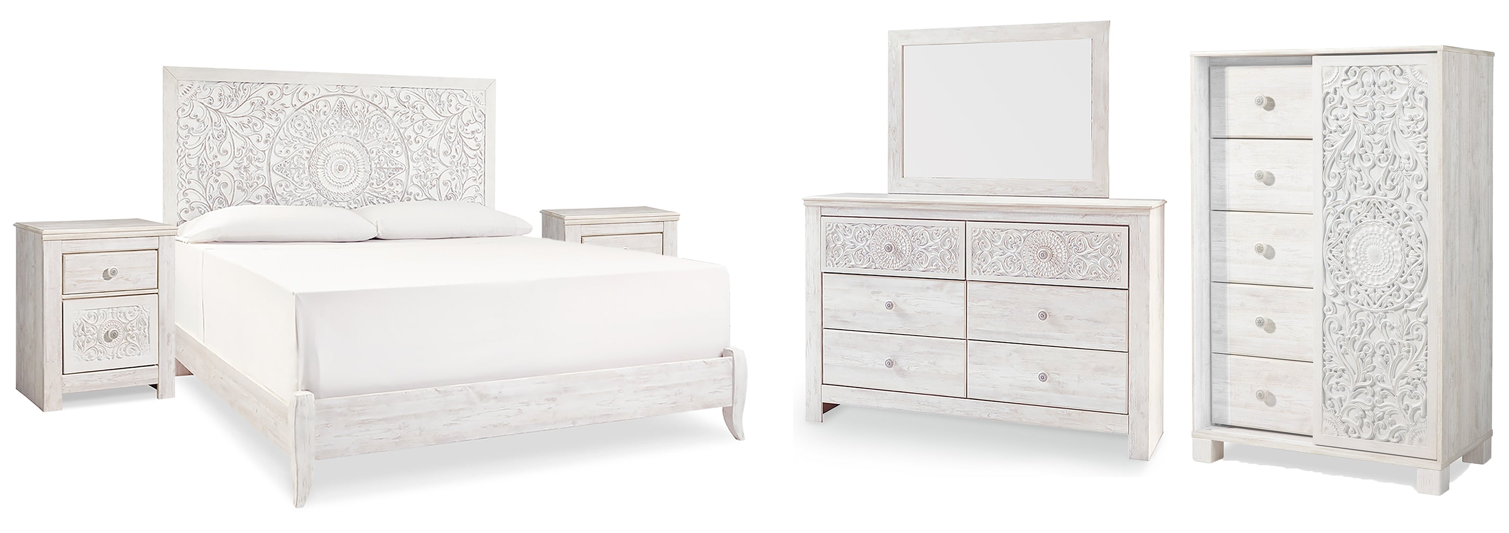 Paxberry King Panel Bed with Mirrored Dresser, Chest and 2 Nightstands