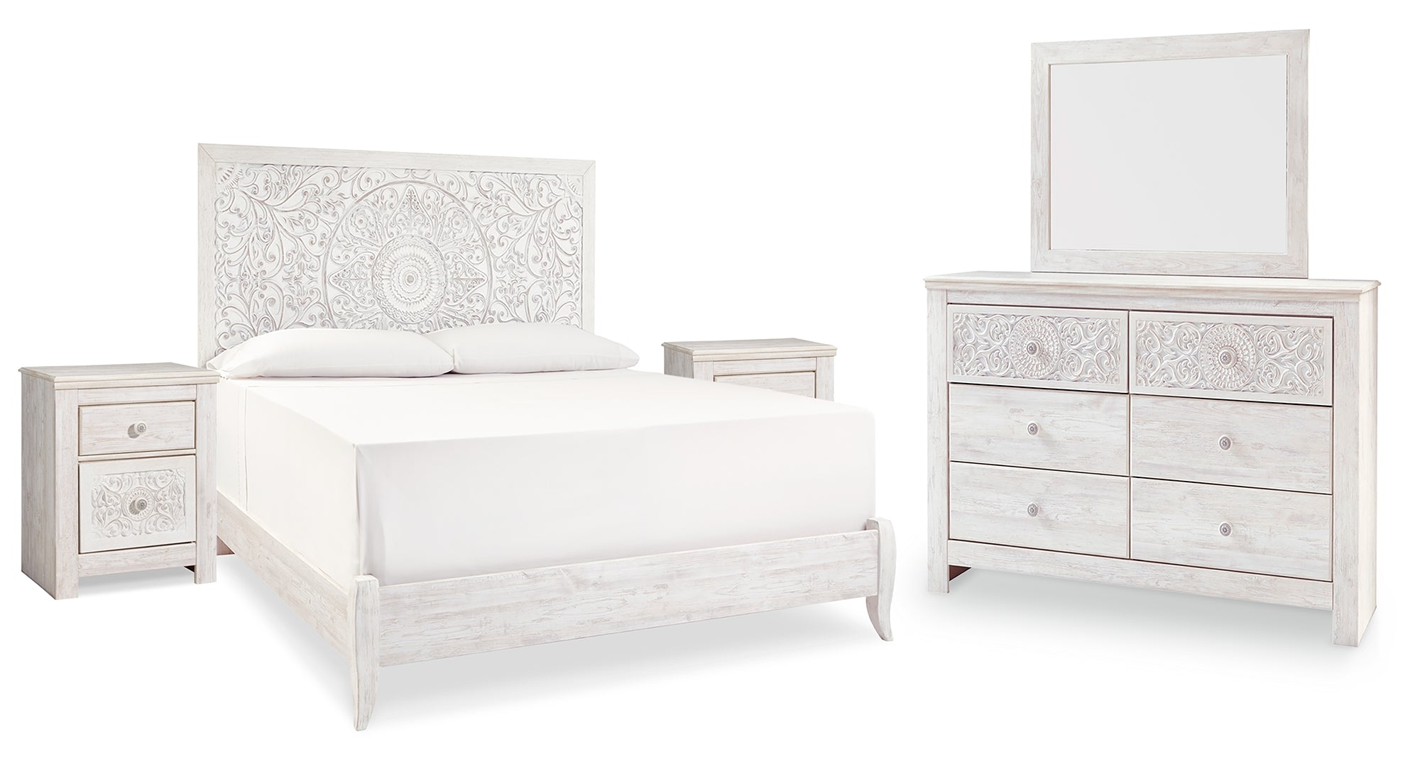 Paxberry King Panel Bed with Mirrored Dresser and 2 Nightstands