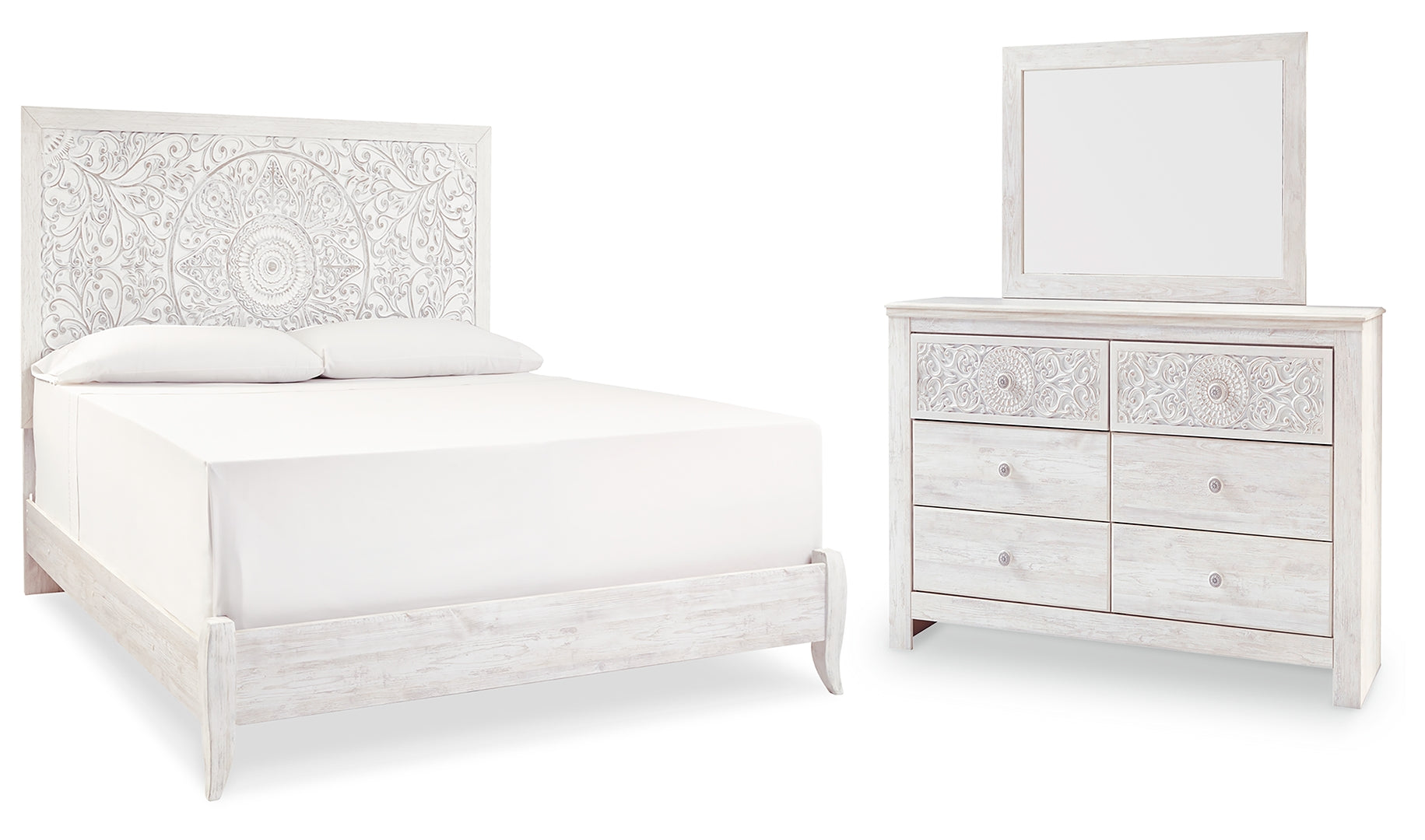 Paxberry King Panel Bed with Mirrored Dresser