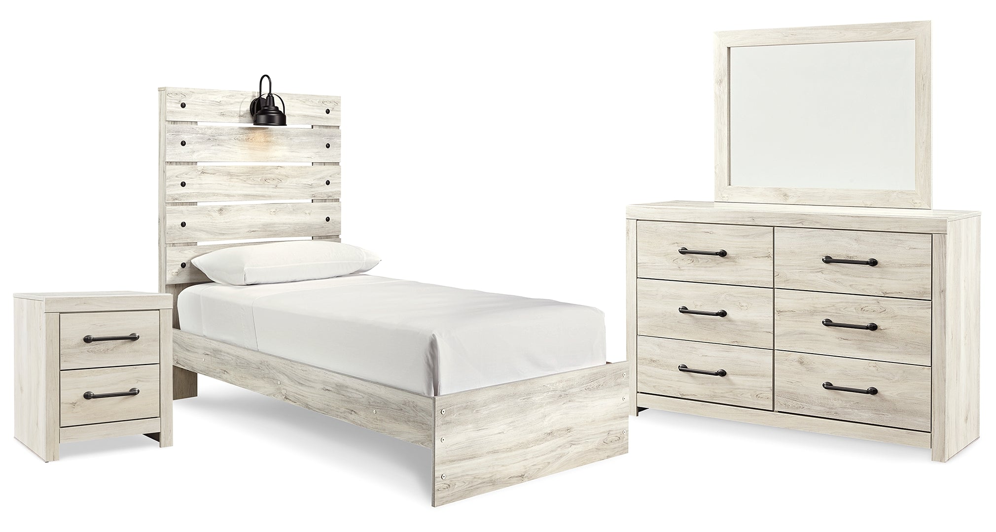 Cambeck Twin Panel Bed with Mirrored Dresser and Nightstand