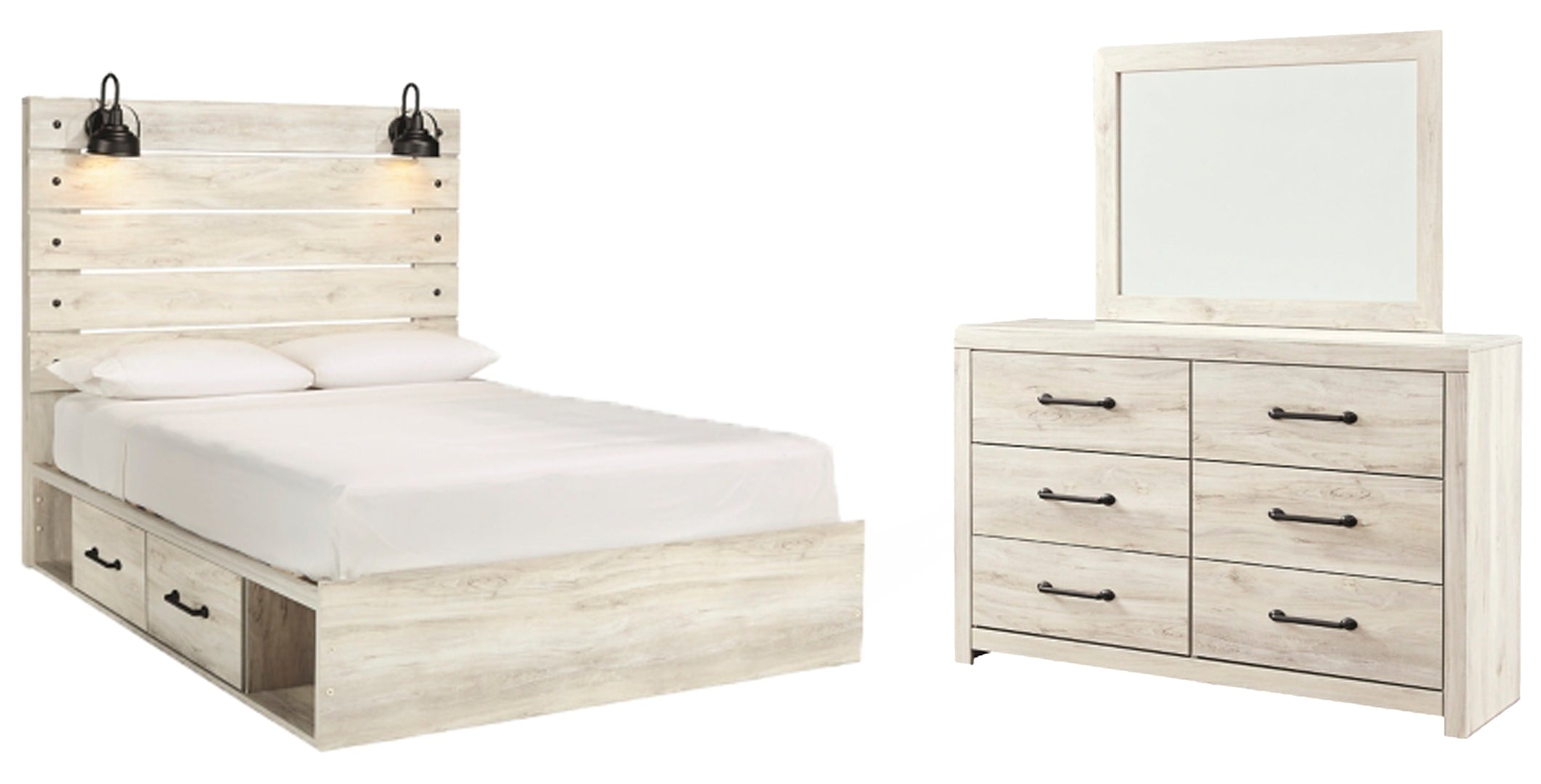 Cambeck Queen Panel Bed with 4 Storage Drawers with Mirrored Dresser