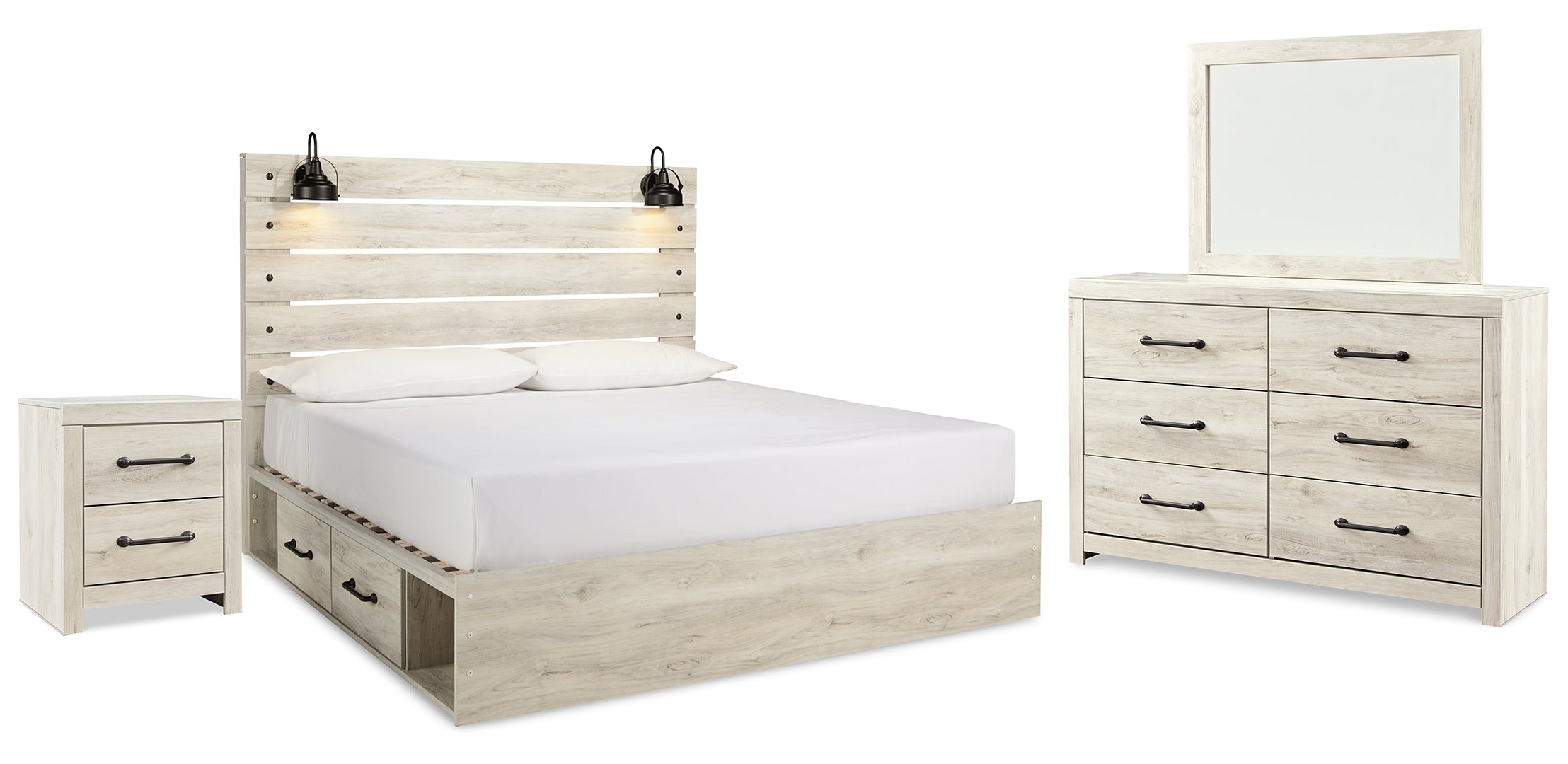 Cambeck King Panel Bed with 2 Storage Drawers with Mirrored Dresser and Nightstand