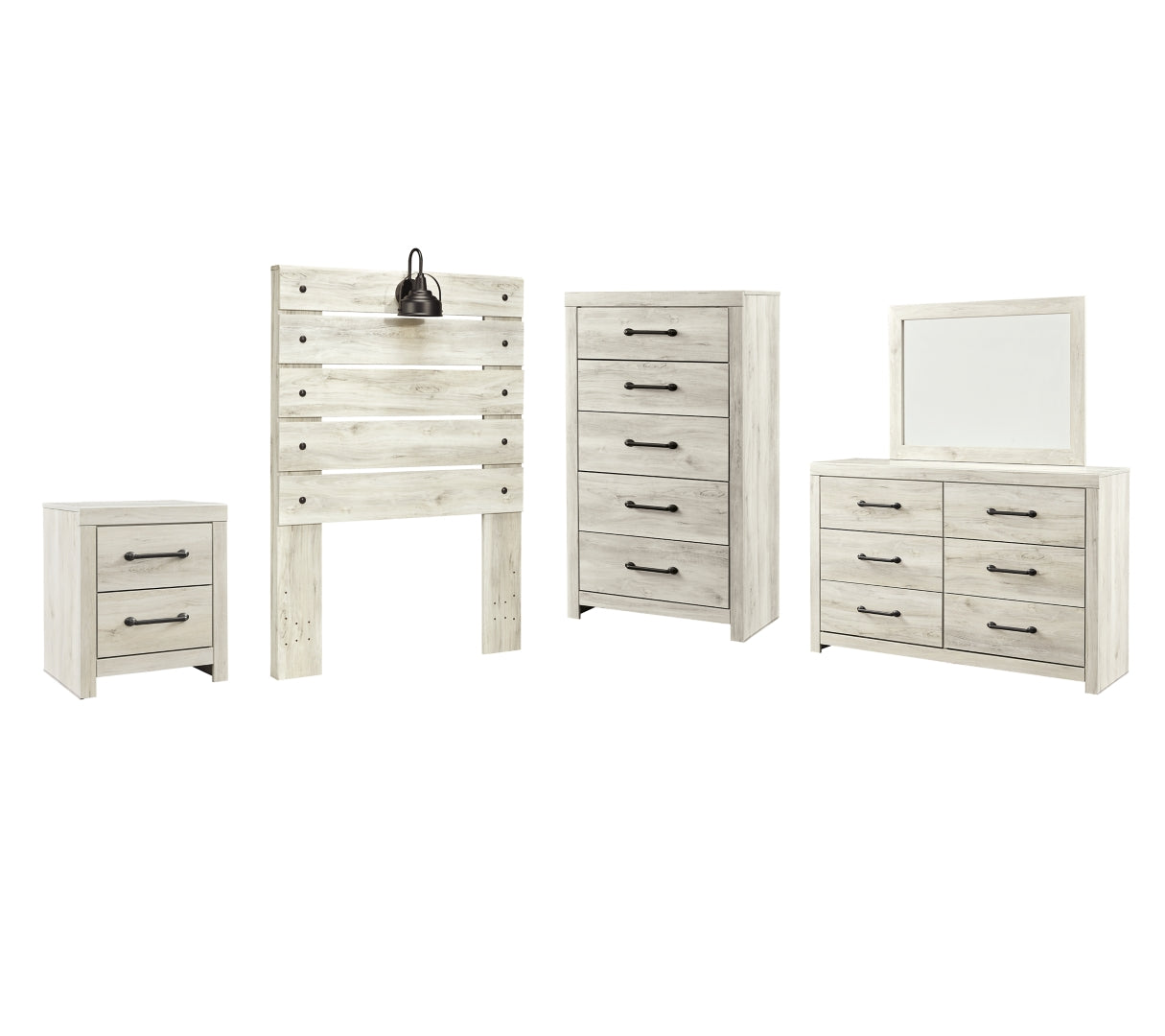 Cambeck Twin Panel Headboard Bed with Mirrored Dresser, Chest and Nightstand