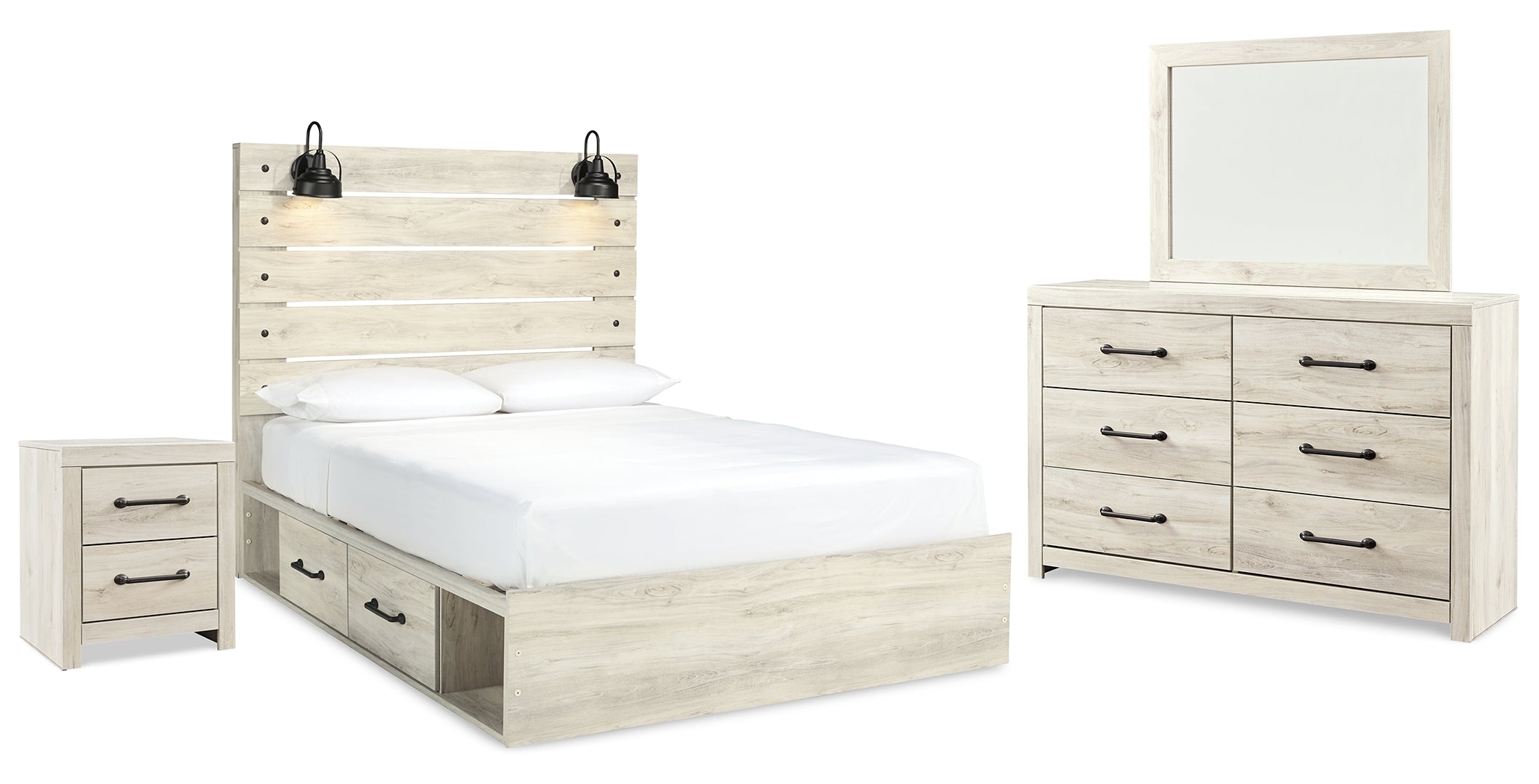 Cambeck Queen Panel Bed with 2 Storage Drawers with Mirrored Dresser and Nightstand