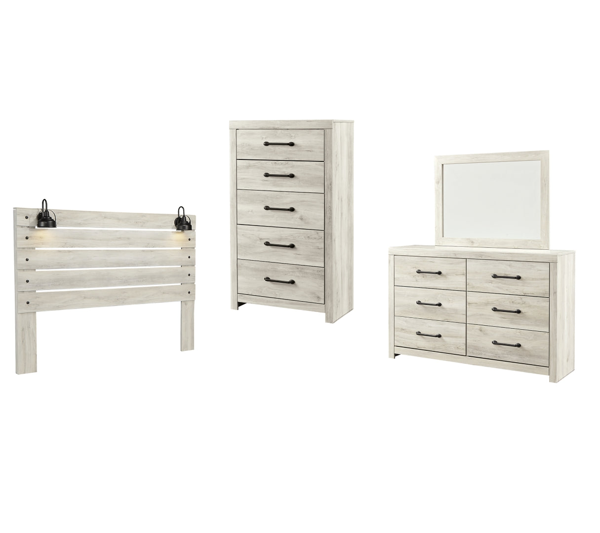 Cambeck King Panel Headboard Bed with Mirrored Dresser, Chest and Nightstand