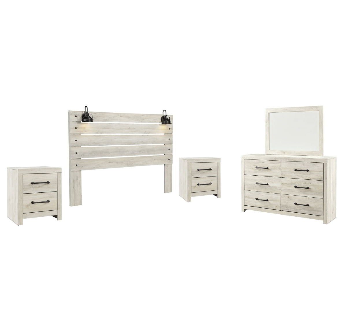 Cambeck King Panel Headboard Bed with Mirrored Dresser and 2 Nightstands