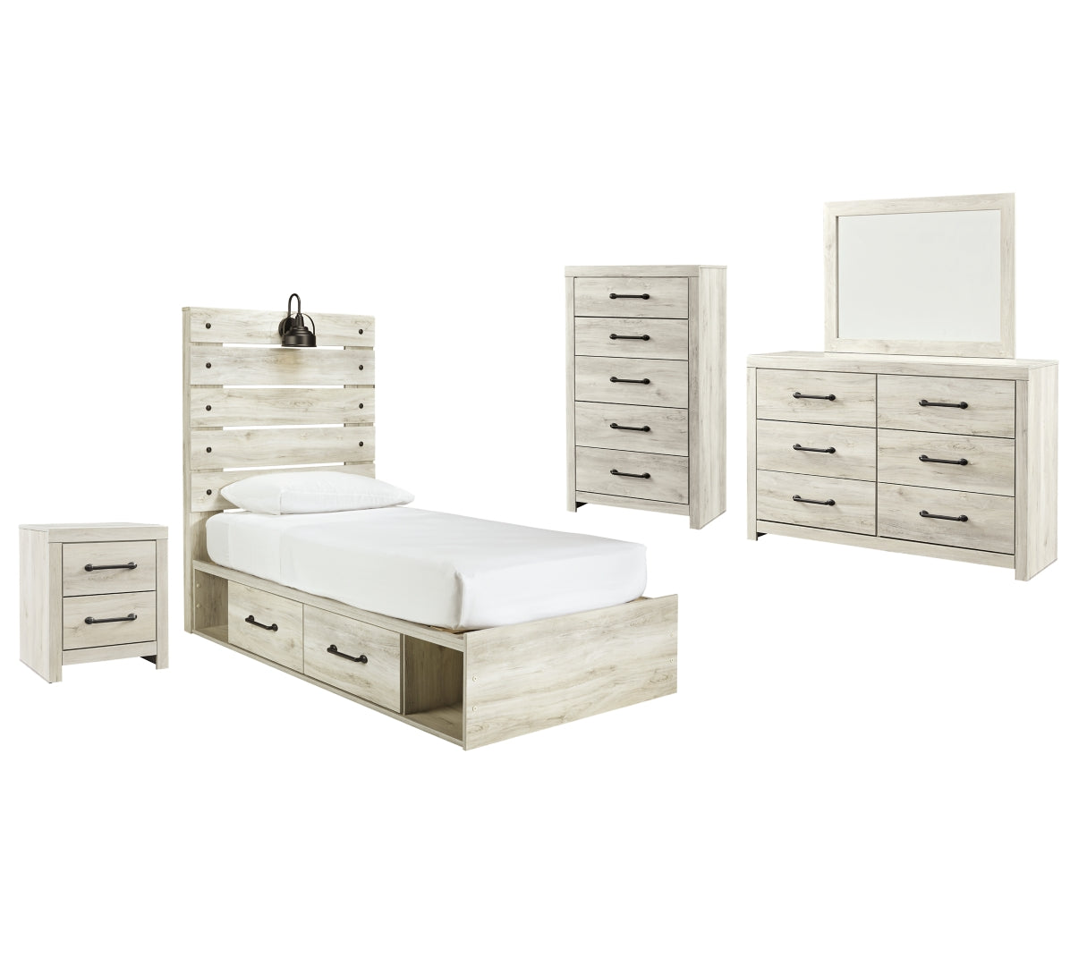 Cambeck Twin Panel Bed with 2 Storage Drawers with Mirrored Dresser, Chest and Nightstand