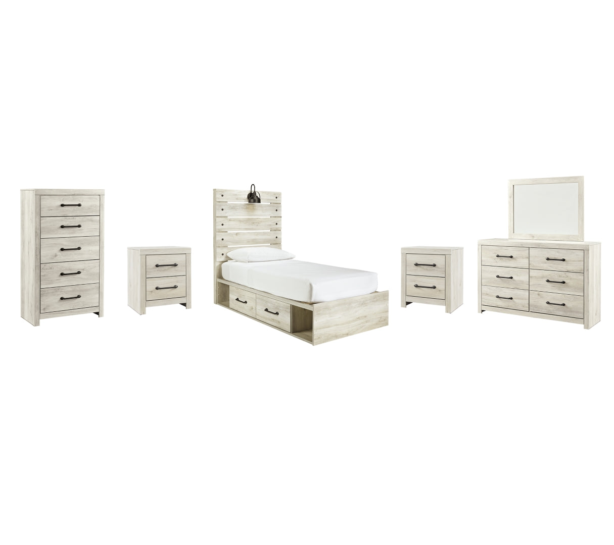 Cambeck Twin Panel Bed with 2 Storage Drawers with Mirrored Dresser, Chest and 2 Nightstands