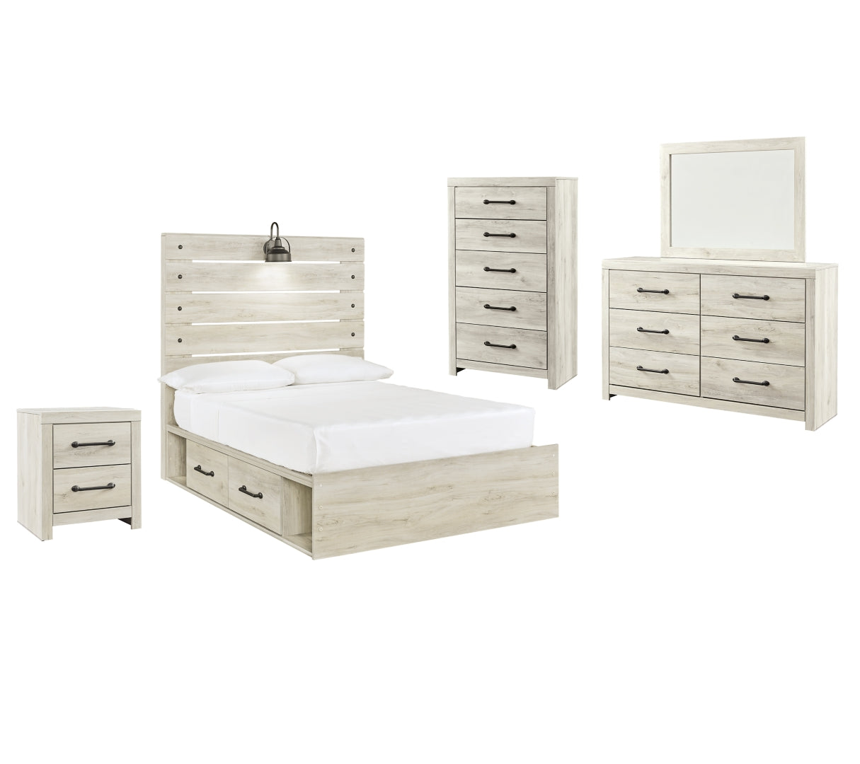 Cambeck Full Panel Bed with 2 Storage Drawers with Mirrored Dresser, Chest and Nightstand I