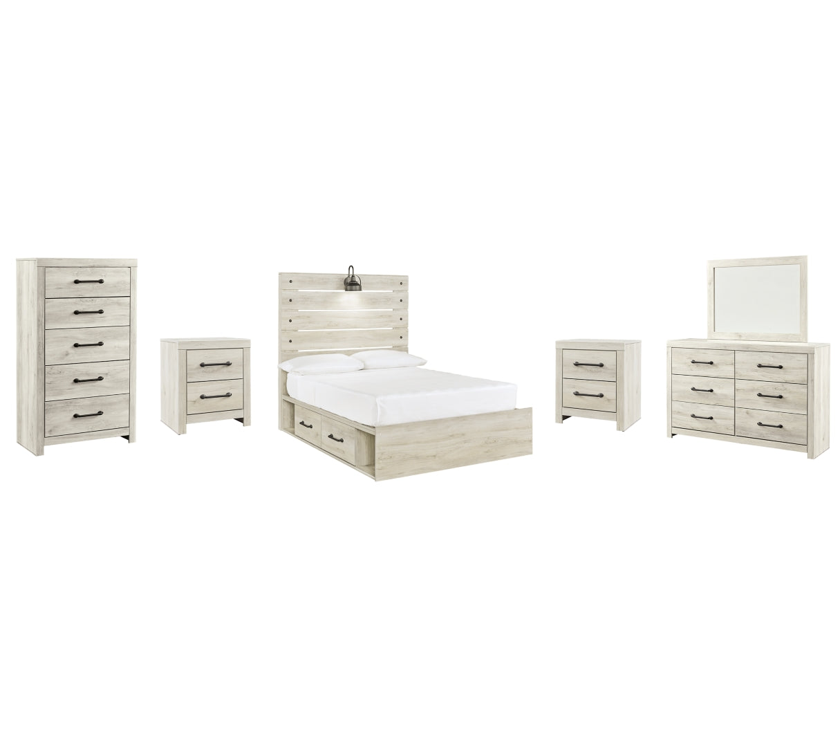 Cambeck Full Panel Bed with 2 Storage Drawers with Mirrored Dresser, Chest and 2 Nightstands I