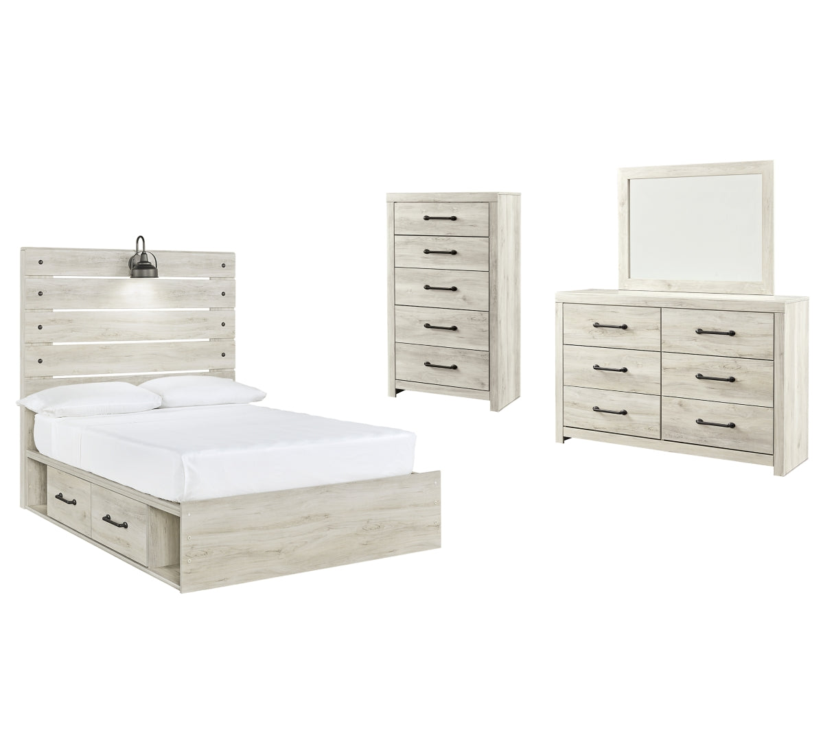 Cambeck Full Panel Bed with 2 Storage Drawers with Mirrored Dresser and Chest I