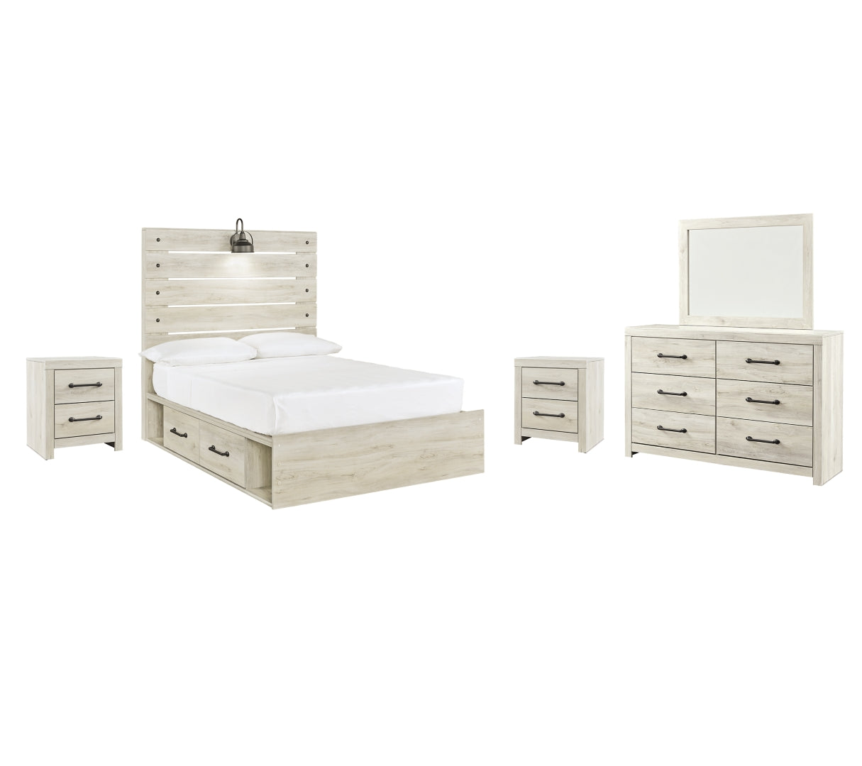 Cambeck Full Panel Bed with 2 Storage Drawers with Mirrored Dresser and 2 Nightstands I