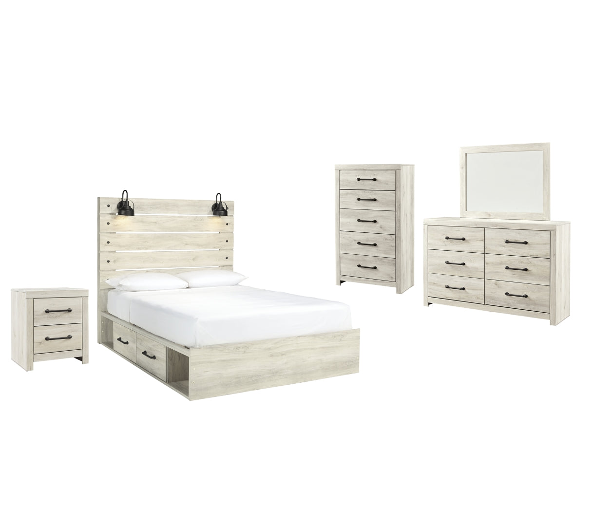 Cambeck Queen Panel Bed with 2 Storage Drawers with Mirrored Dresser, Chest and Nightstand I