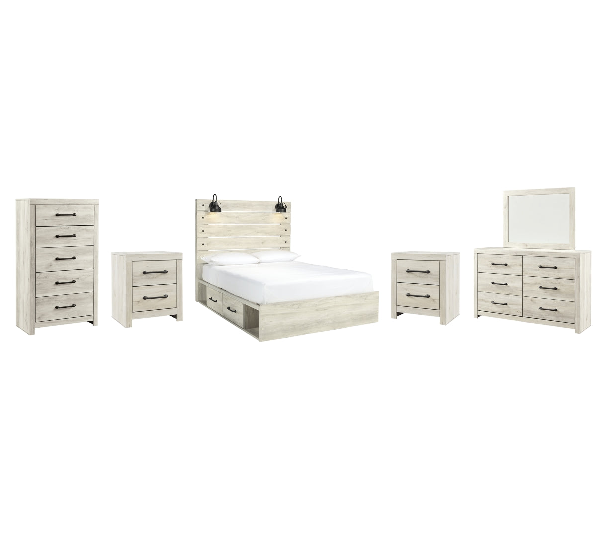 Cambeck Queen Panel Bed with 2 Storage Drawers with Mirrored Dresser, Chest and 2 Nightstands I