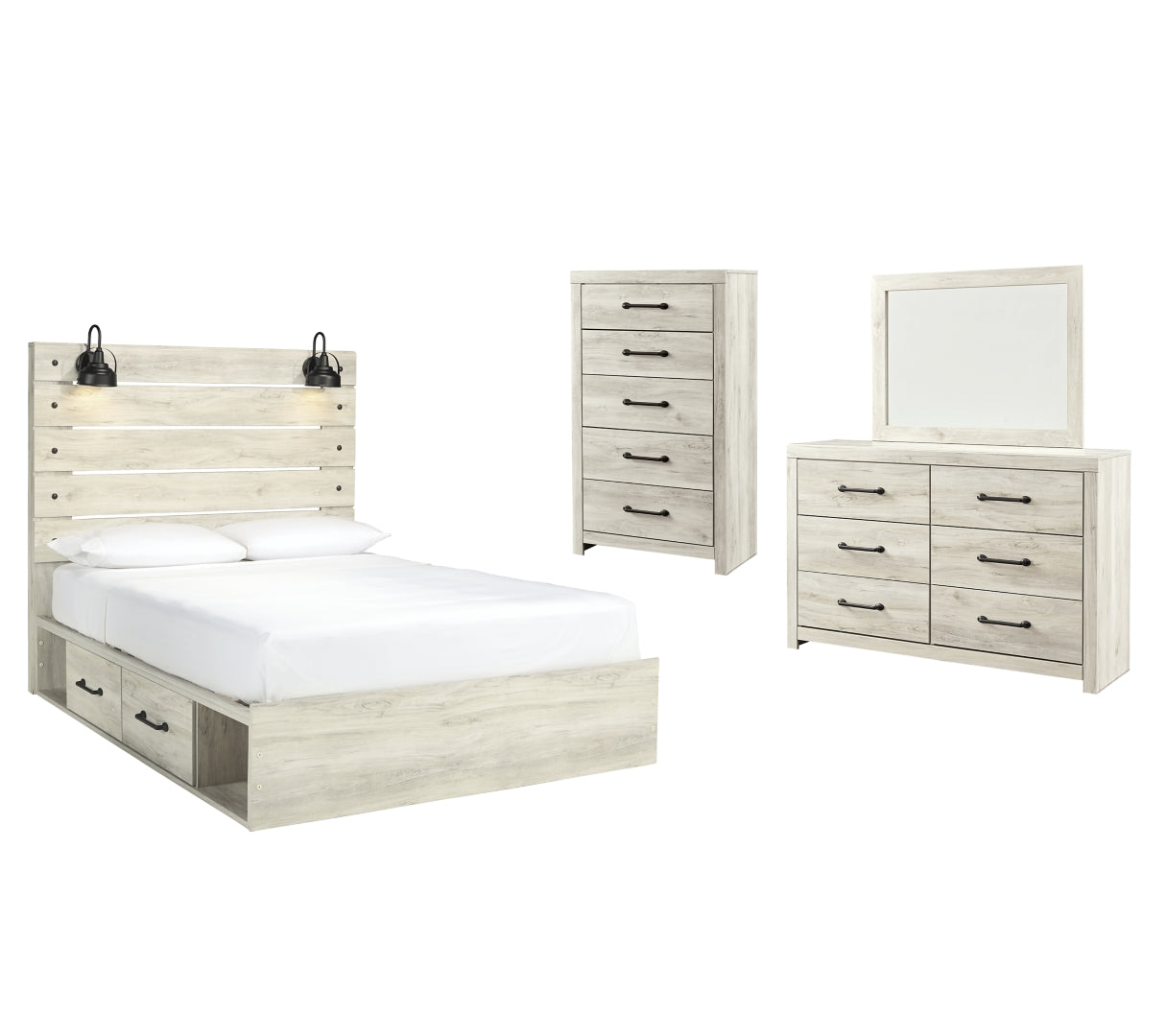 Cambeck Queen Panel Bed with 2 Storage Drawers with Mirrored Dresser and Chest I