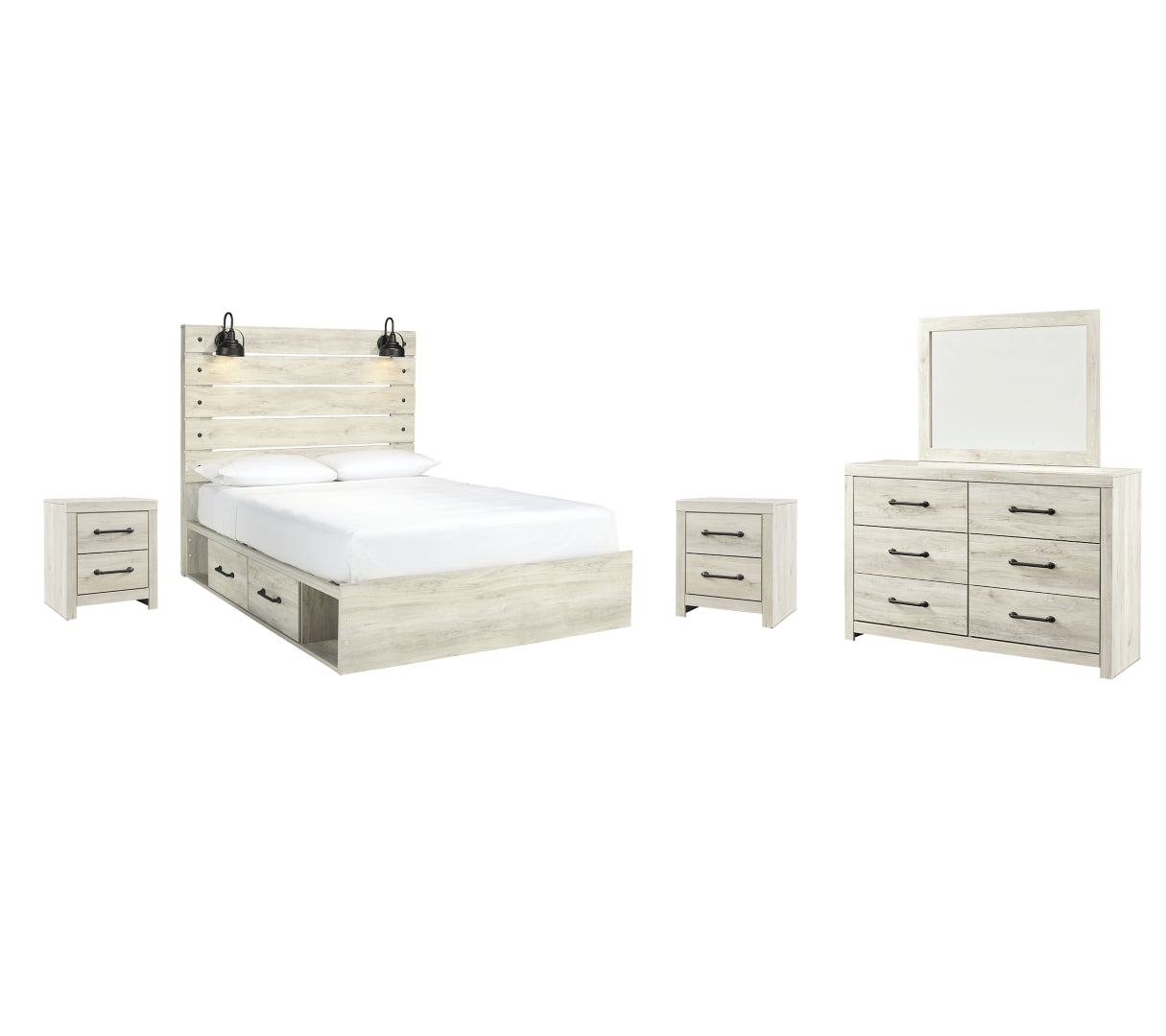 Cambeck Queen Panel Bed with 2 Storage Drawers with Mirrored Dresser and 2 Nightstands I