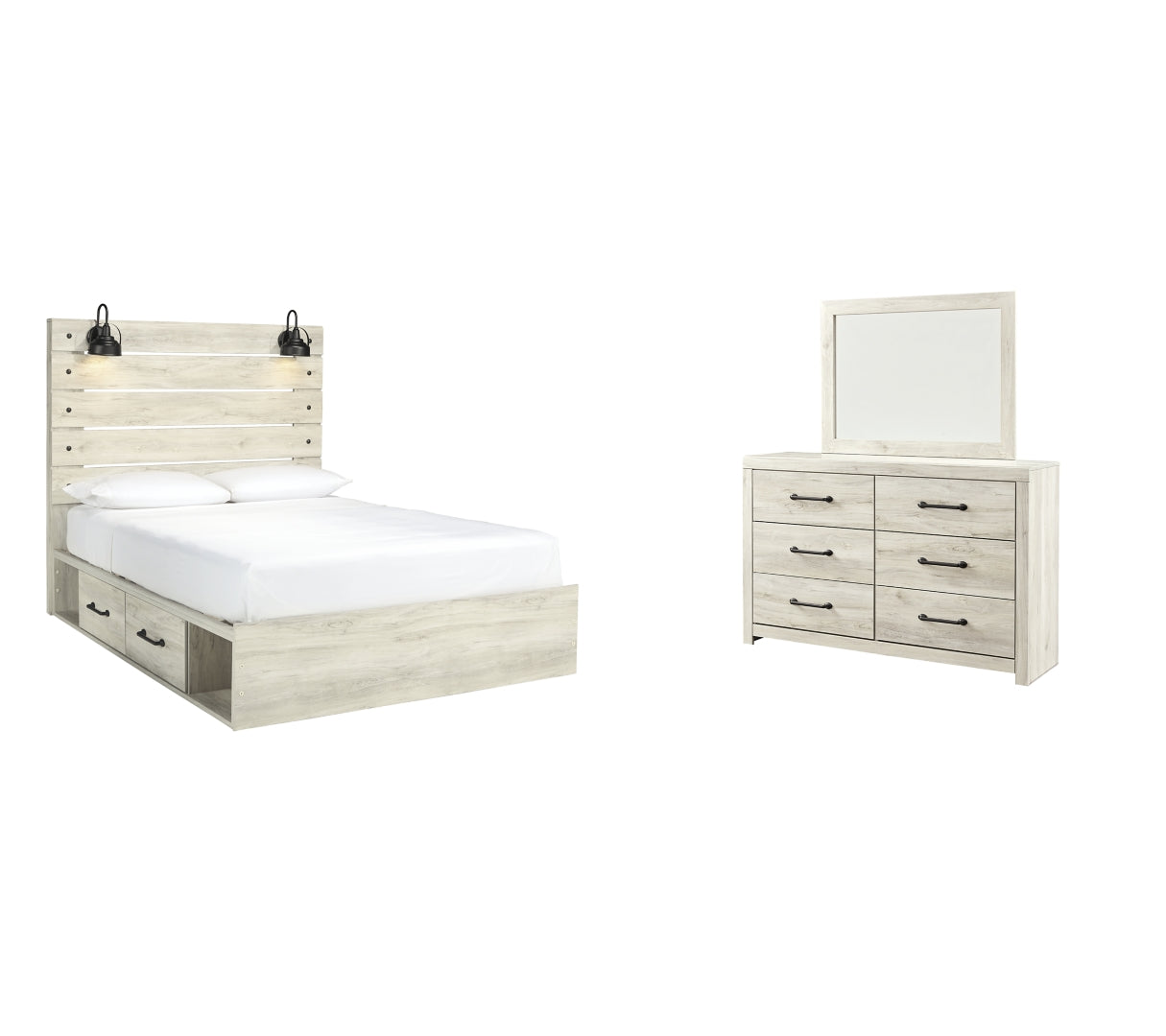 Cambeck Queen Panel Bed with 2 Storage Drawers with Mirrored Dresser I